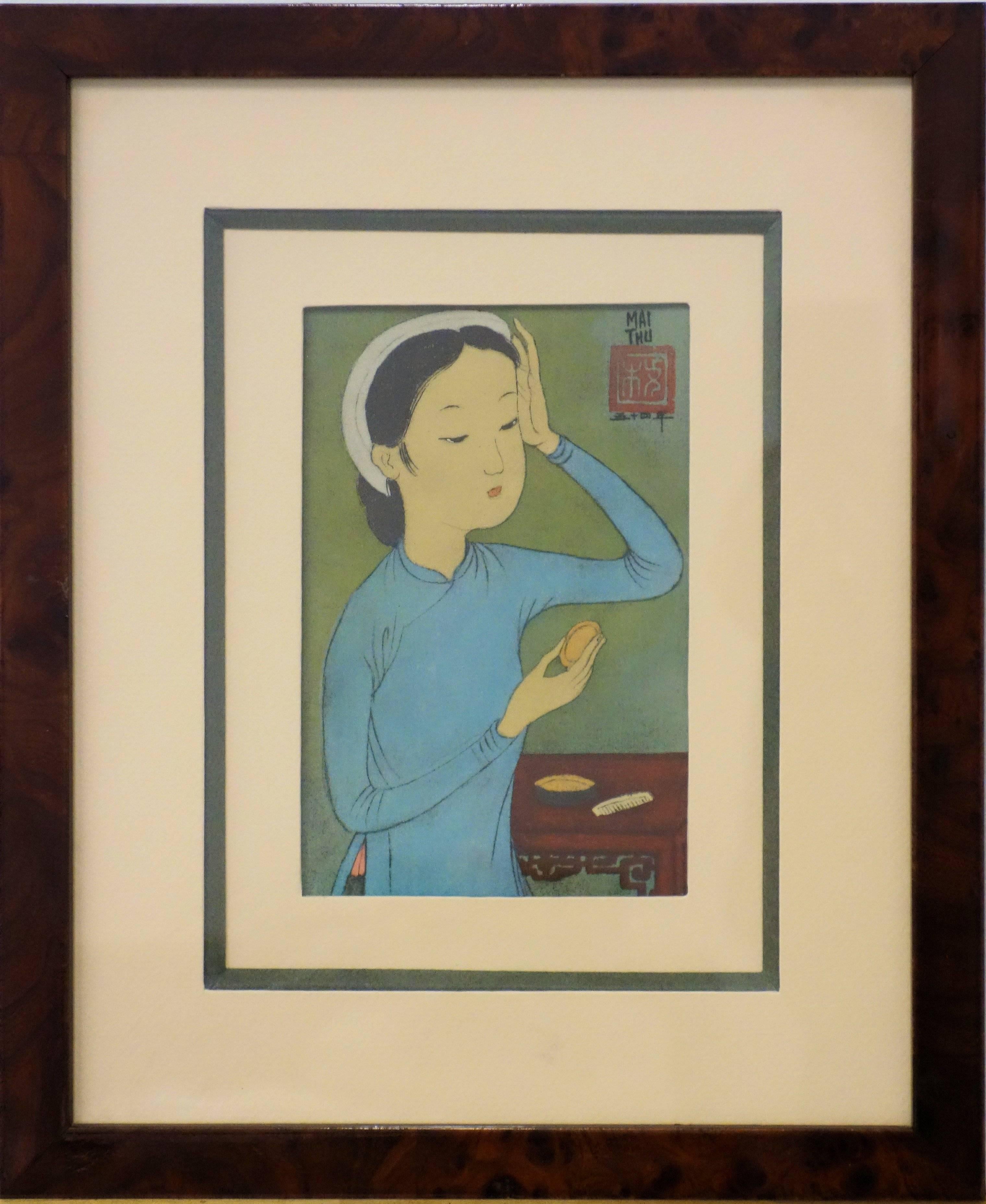 Woman Checking her Makeup - Original lithograph on silk - 1961 - Gray Figurative Print by Mai Thu