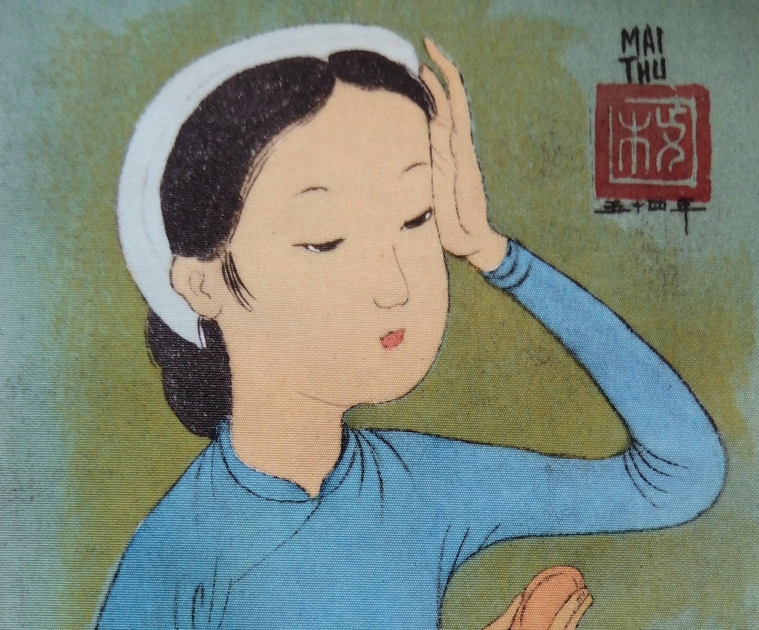 Woman Checking her Makeup - Original lithograph on silk - 1961 - Print by Mai Thu