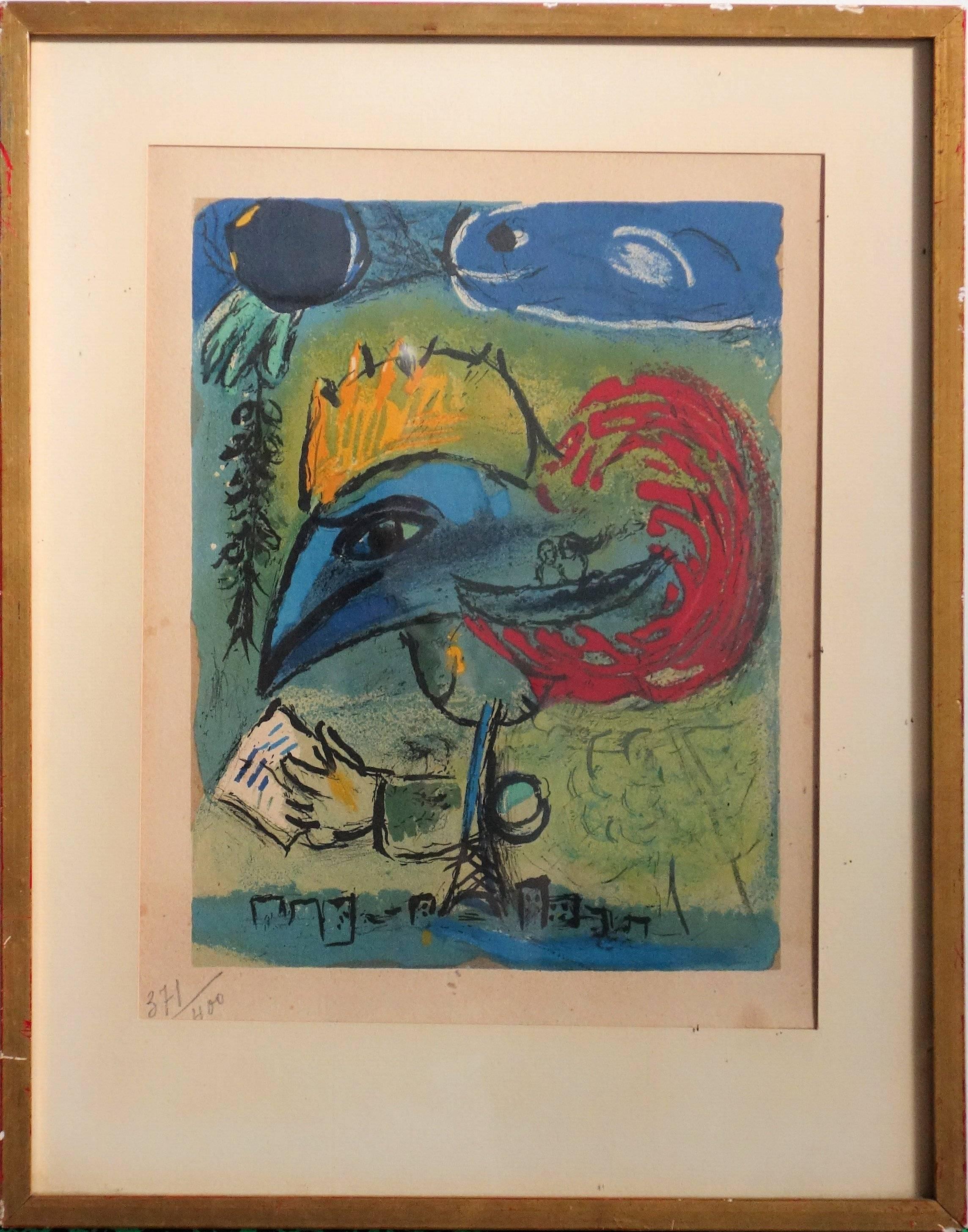 (after) Marc Chagall Figurative Print - Rooster with the Eiffel Tower - Lithograph - 400 ex - 1952