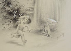 Young Woman with Angels Catching Butterflies - Original handsignierte Zeichnung -1934