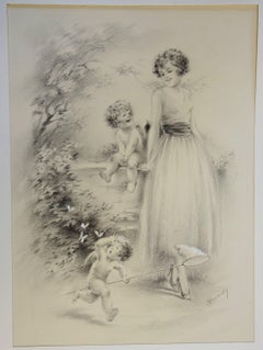 Young Woman with Angels Catching Butterflies - Original handsigned drawing -1934