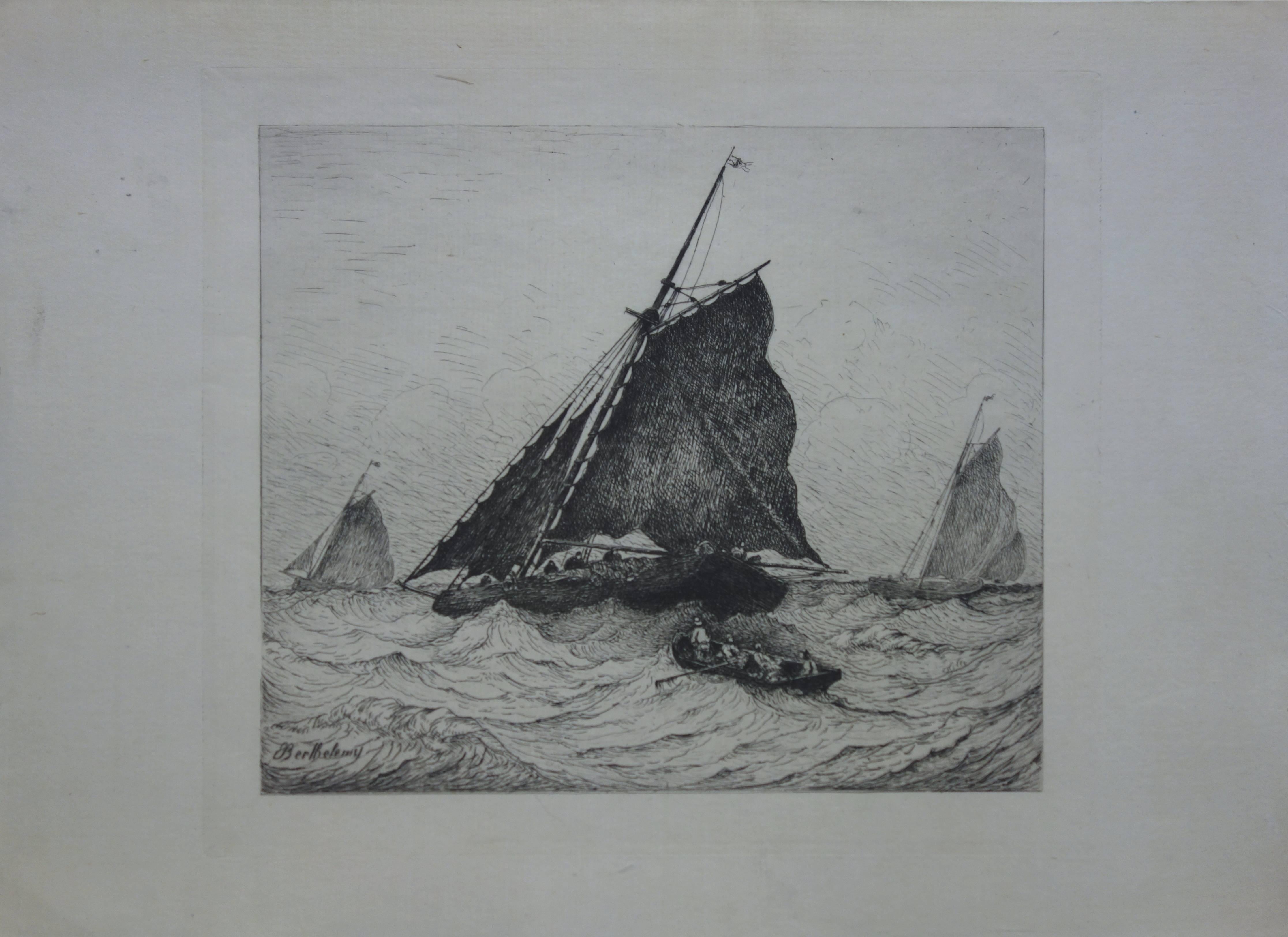 Rescue at Sea during the Storm - Original etching - Realist Print by Pierre Emile Berthelemy