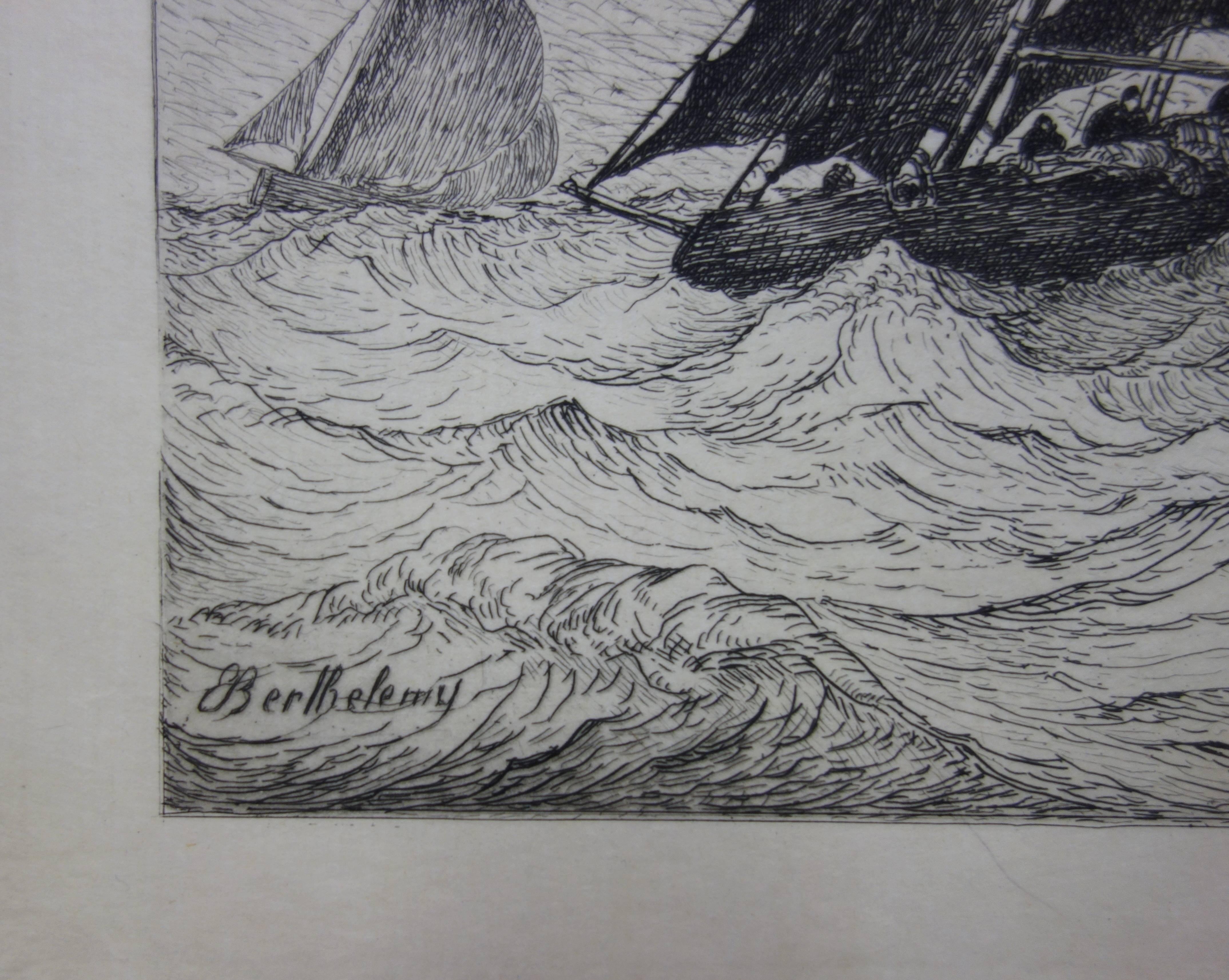 Rescue at Sea during the Storm - Original etching - Print by Pierre Emile Berthelemy