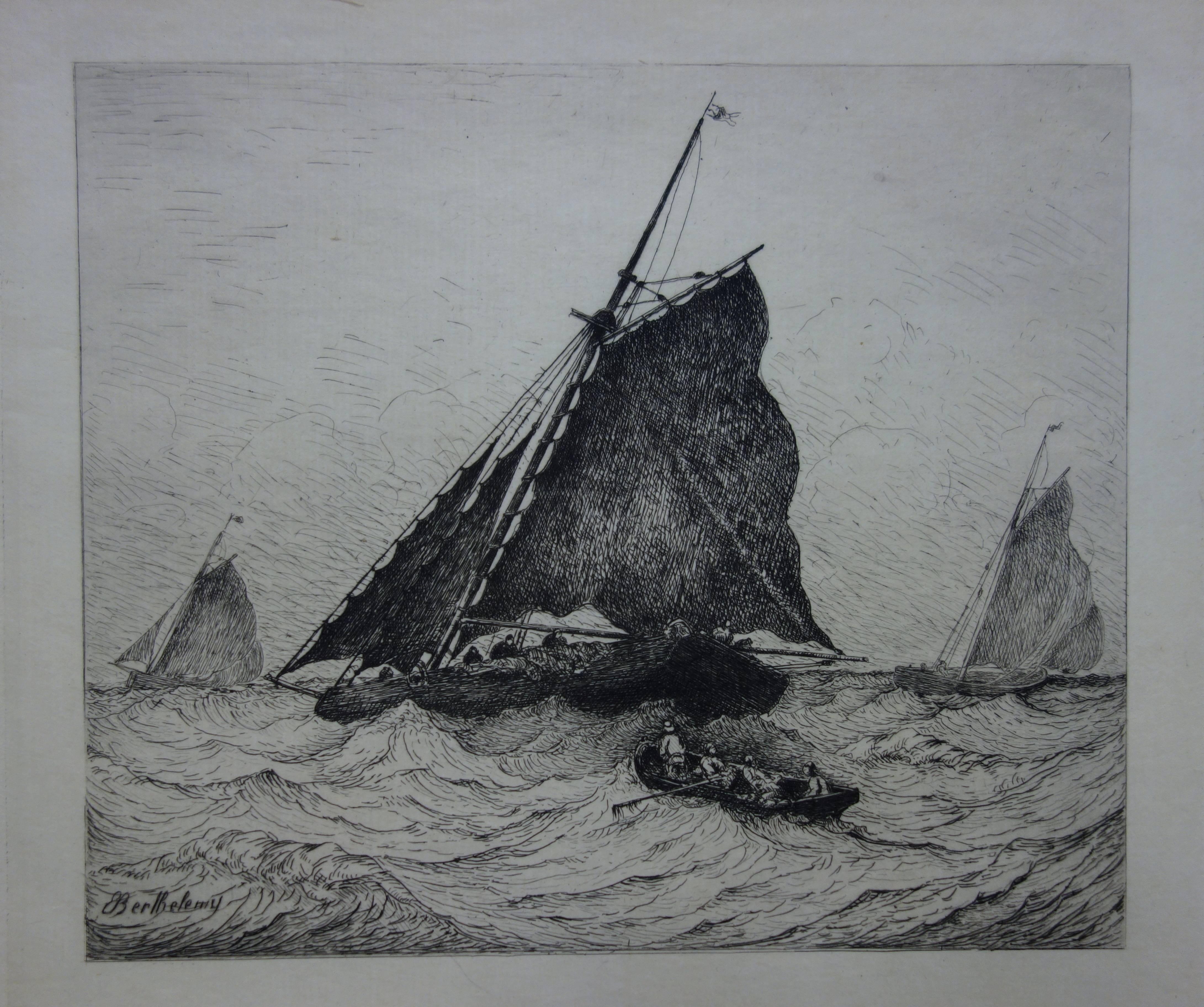 Pierre Emile Berthelemy Figurative Print - Rescue at Sea during the Storm - Original etching