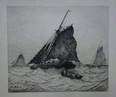 Rescate en el mar durante la tormenta - Grabado original
