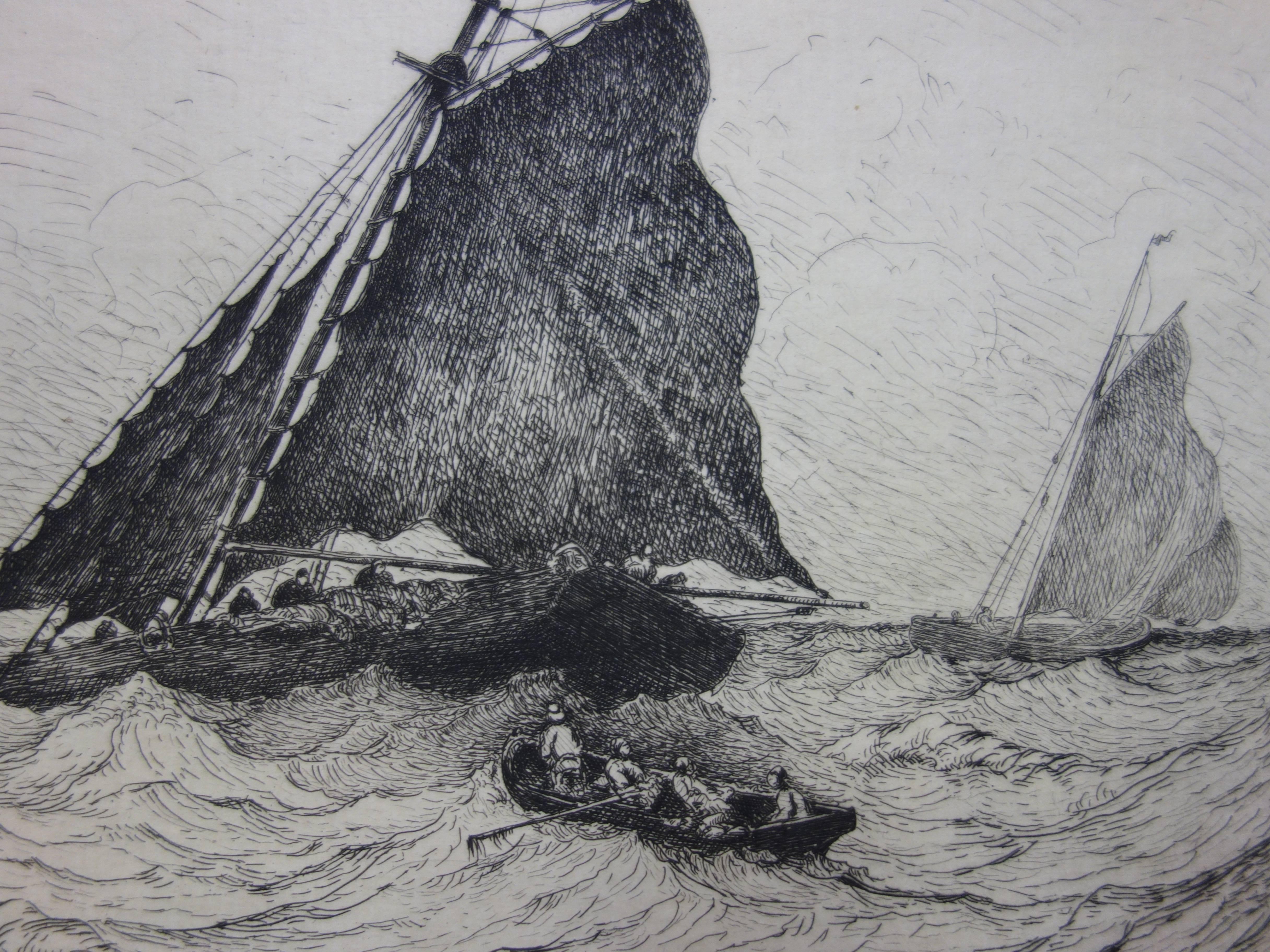 Rescue at Sea during the Storm - Original etching - Gray Figurative Print by Pierre Emile Berthelemy