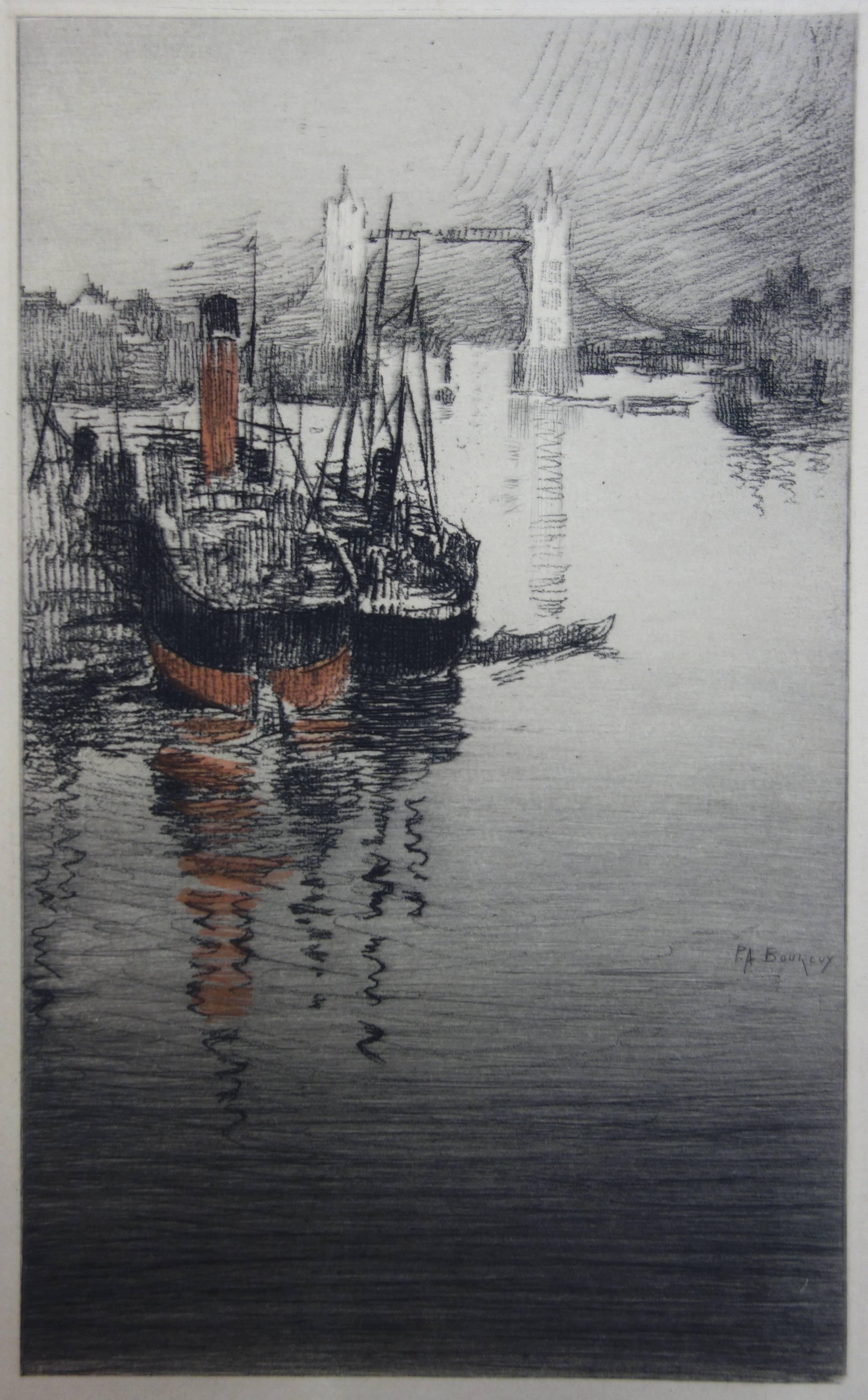 Paul-Adrien Bouroux Landscape Print - London Tower Bridge Viewed from the Thames - Original etching - 1910