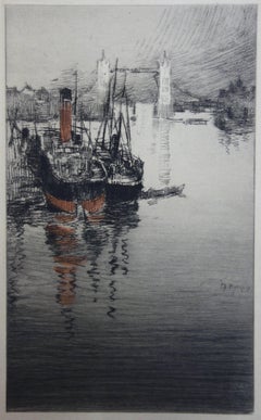 London Tower Bridge Viewed from the Thames - Original etching - 1910