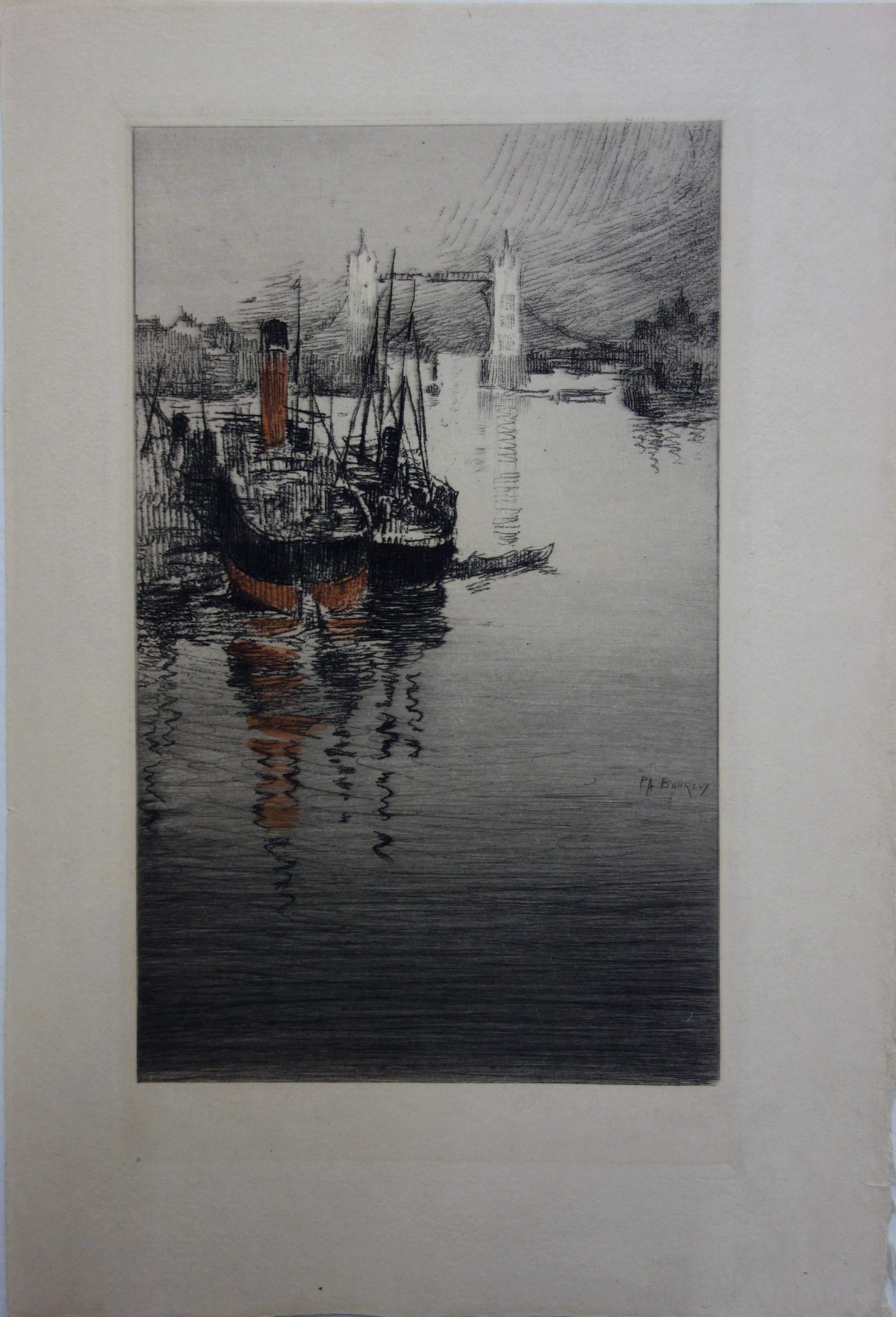 El Puente de la Torre de Londres visto desde el Támesis - Grabado original - 1910 - Print Posimpresionista de Paul-Adrien Bouroux