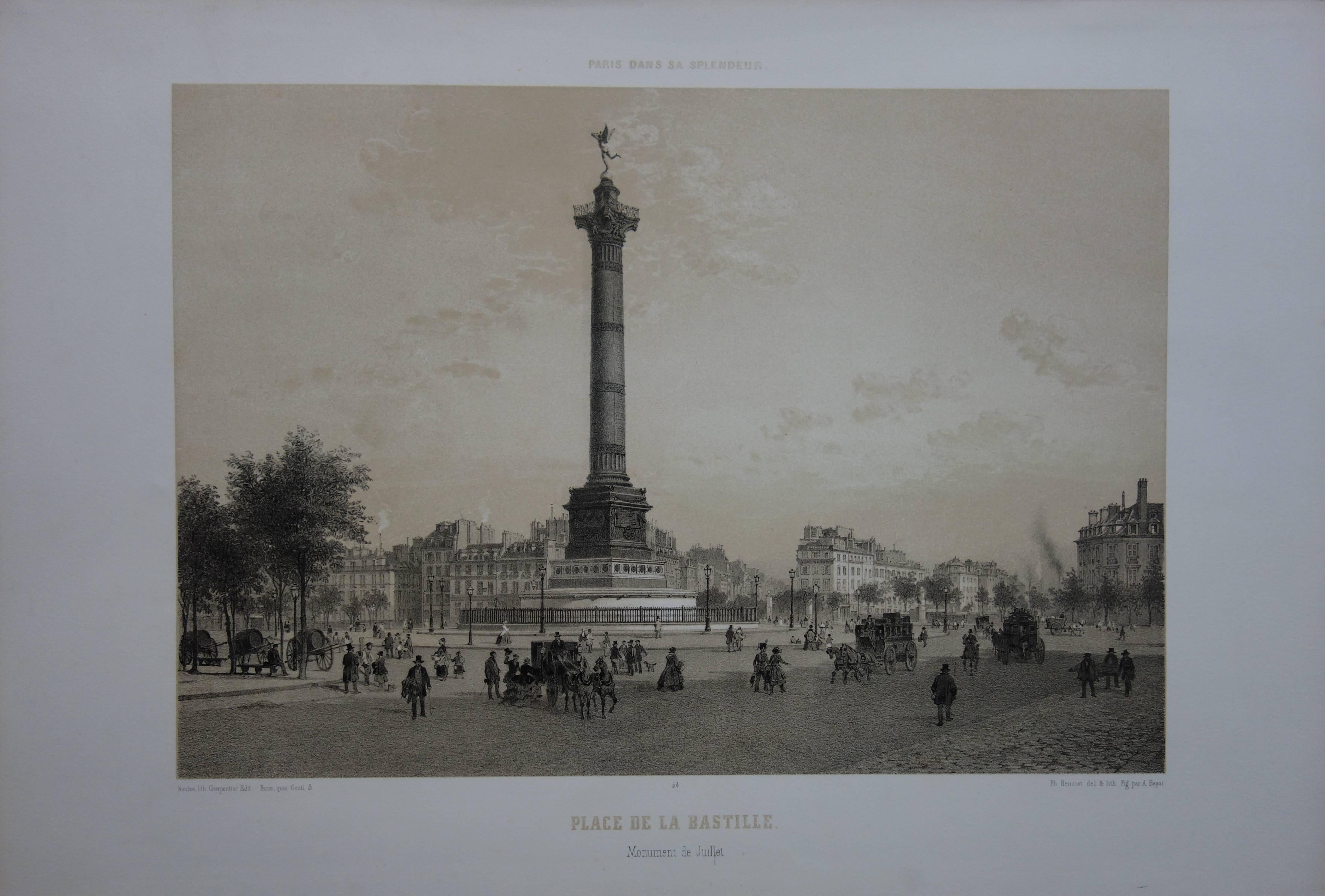Paris : La colonne avec un ange sur la place de la Bastille - Lithographie sur pierre d'origine  - Print de  Philippe Benoist