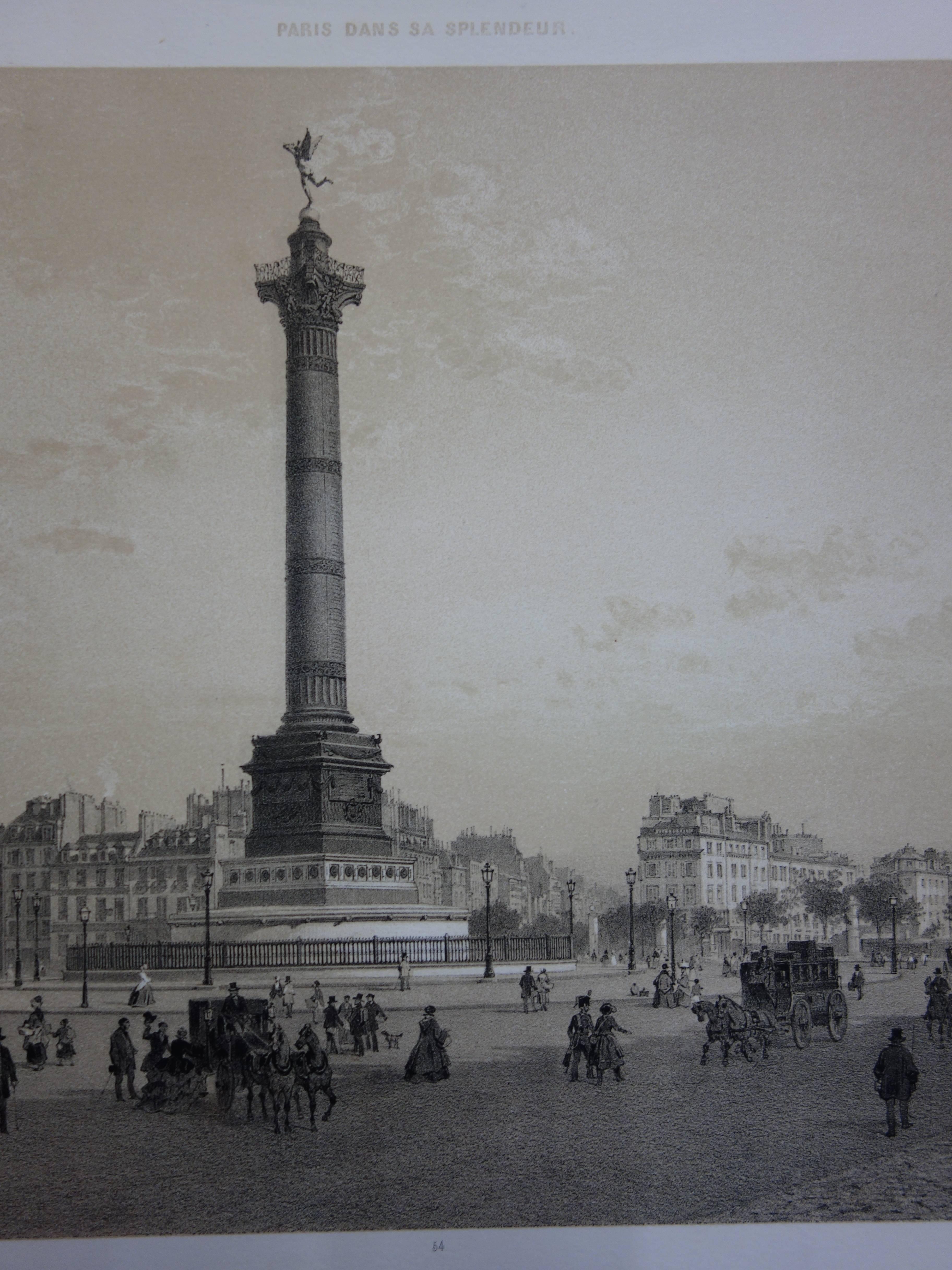 Paris : La colonne avec un ange sur la place de la Bastille - Lithographie sur pierre d'origine  - Gris Landscape Print par  Philippe Benoist