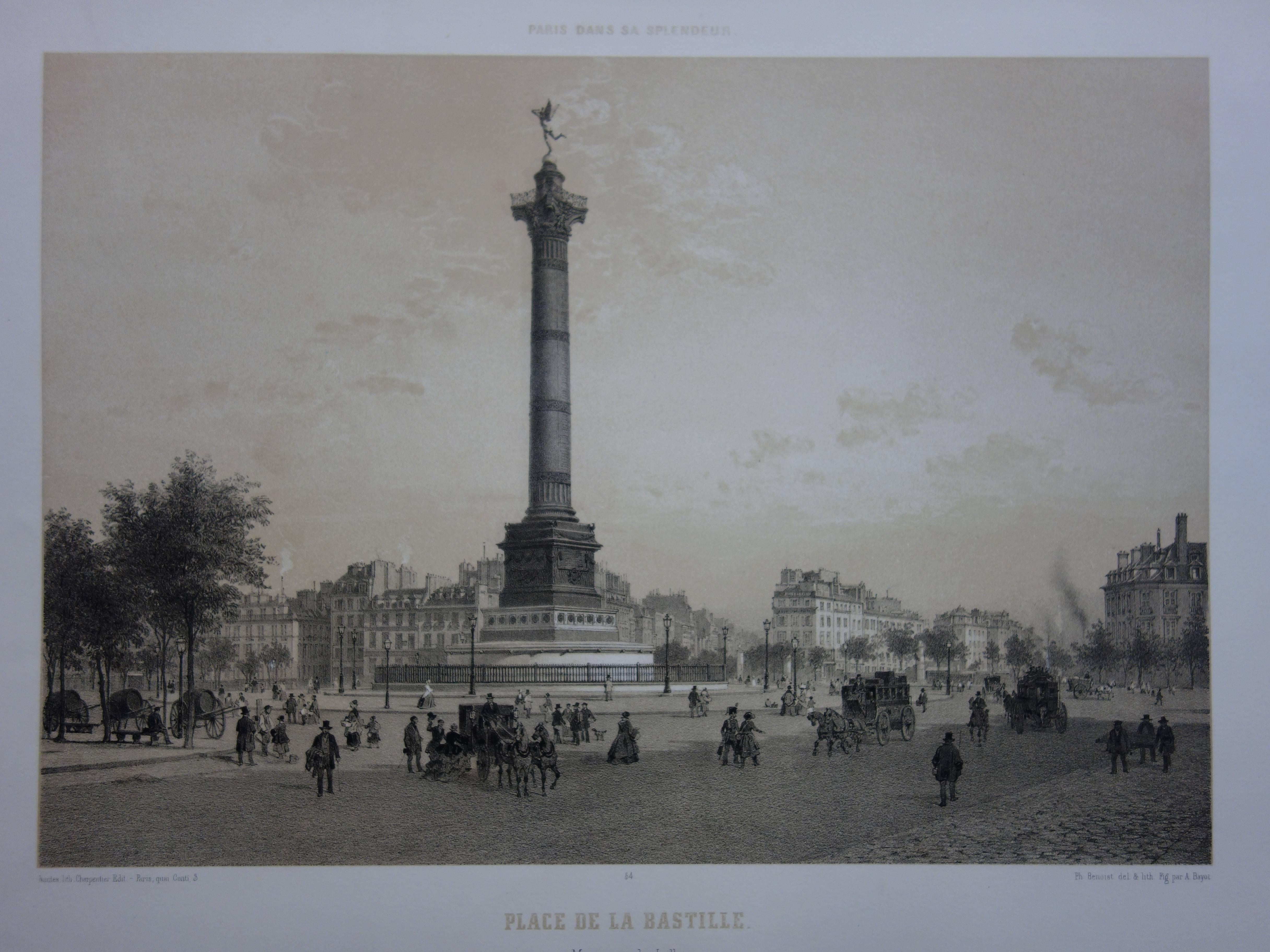 Paris : The Column with an Angel on Bastille Square - Original stone lithograph 