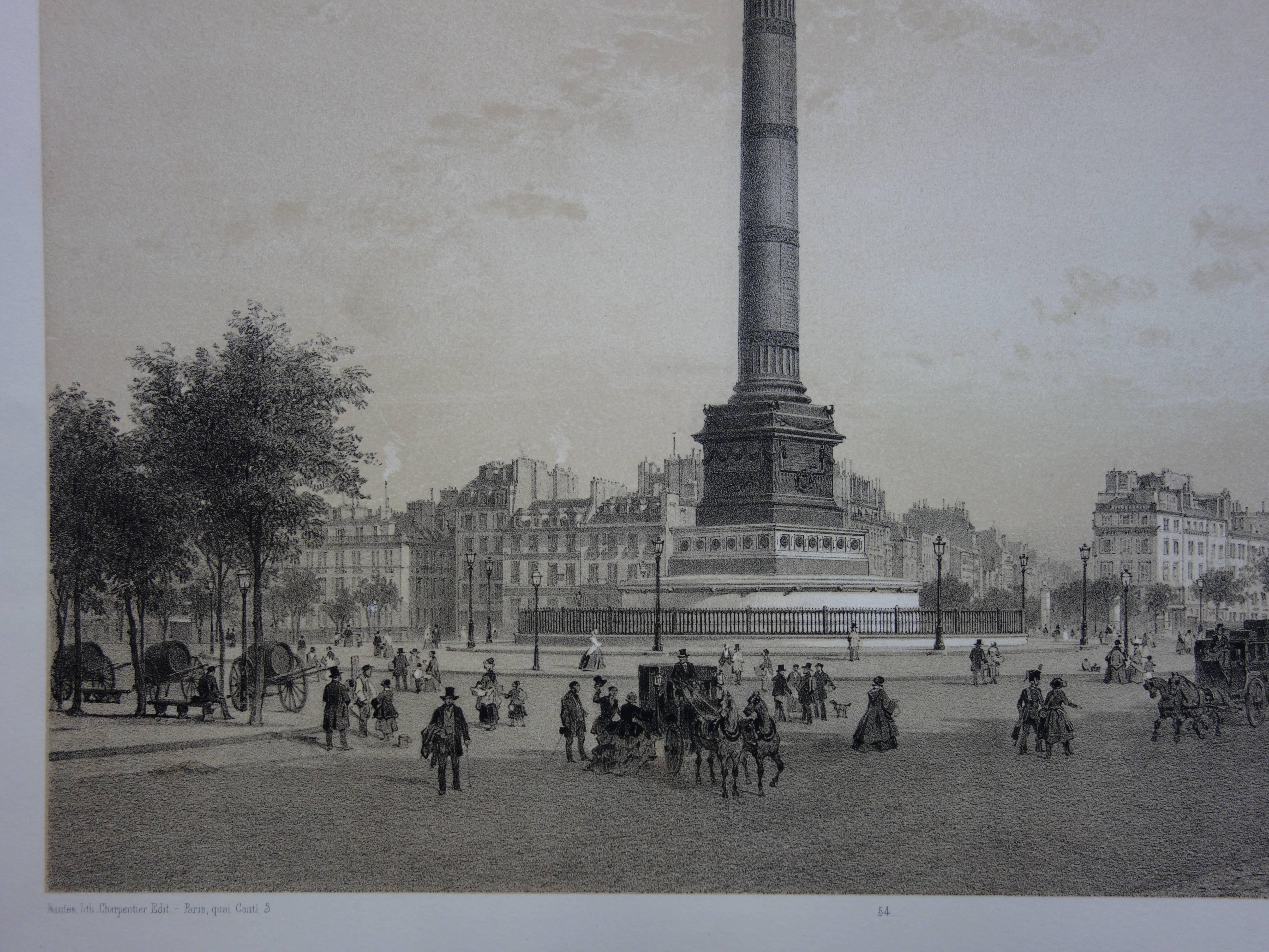 Paris : La colonne avec un ange sur la place de la Bastille - Lithographie sur pierre d'origine  - Réalisme Print par  Philippe Benoist