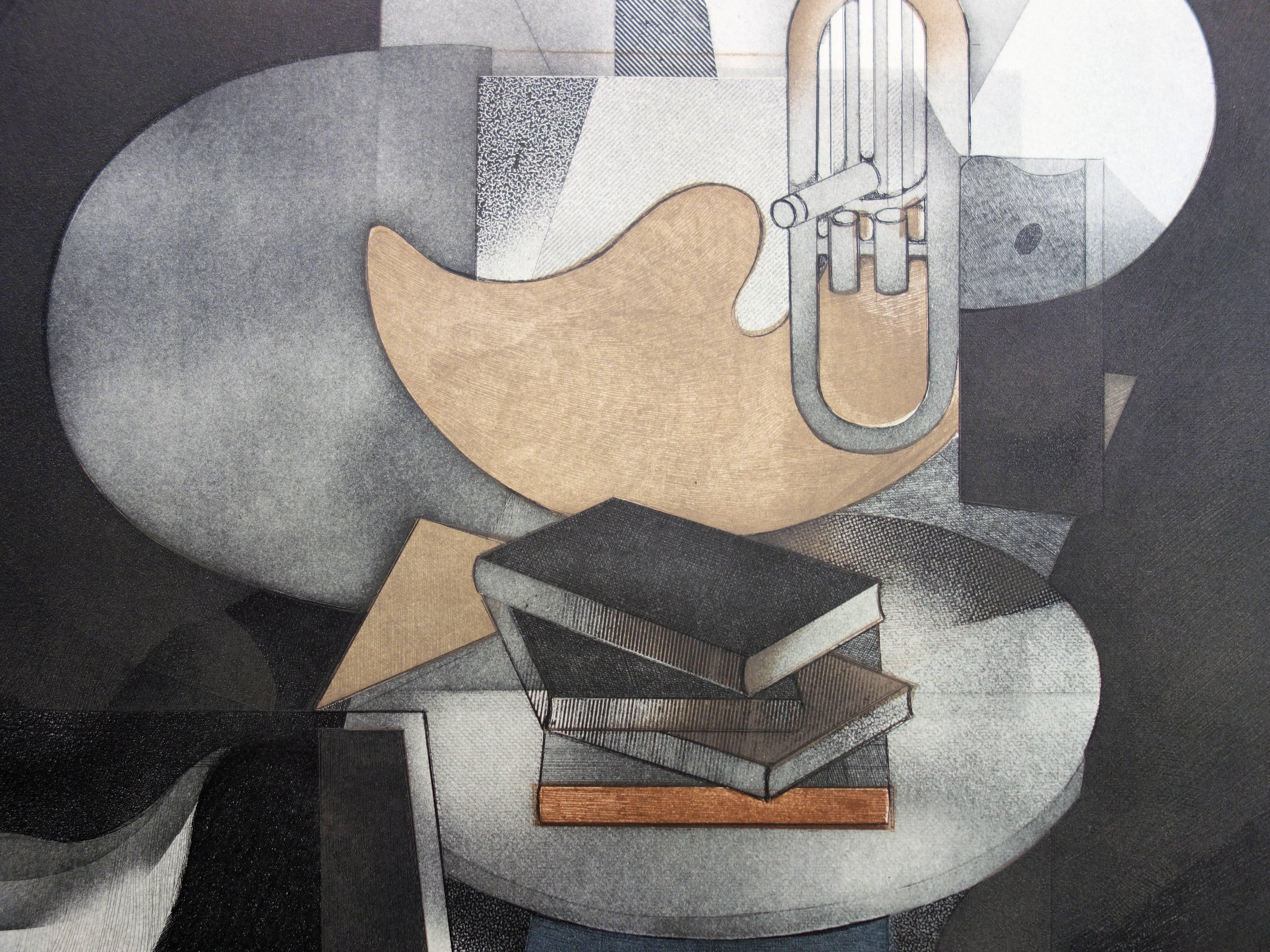 Cubist Still Life - Original Handsigned Etching - 150ex - Gray Interior Print by André Minaux