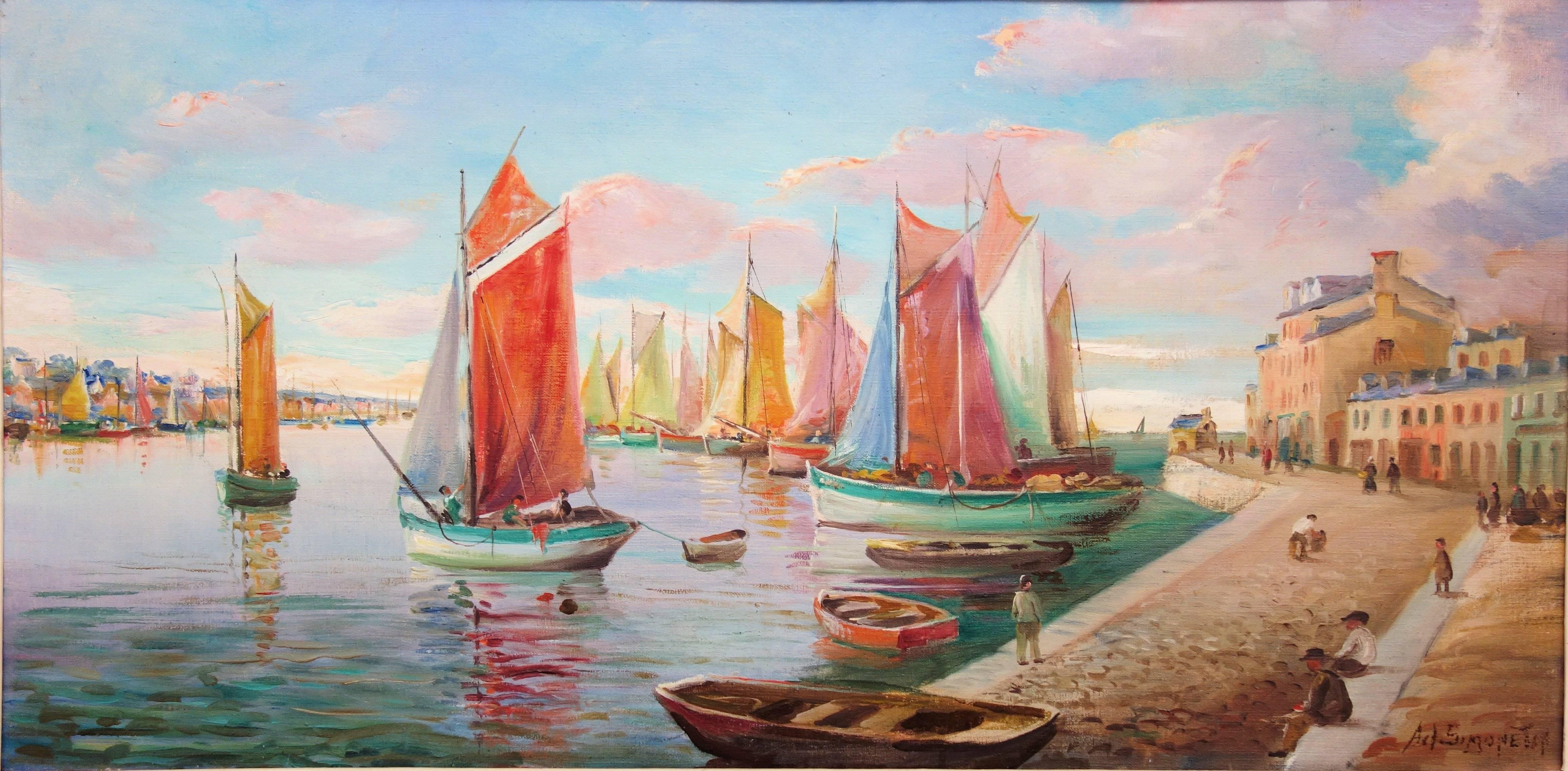 Harbour in the Early Morning - Signed oil on canvas - Framed - Painting by Adrien Simoneton