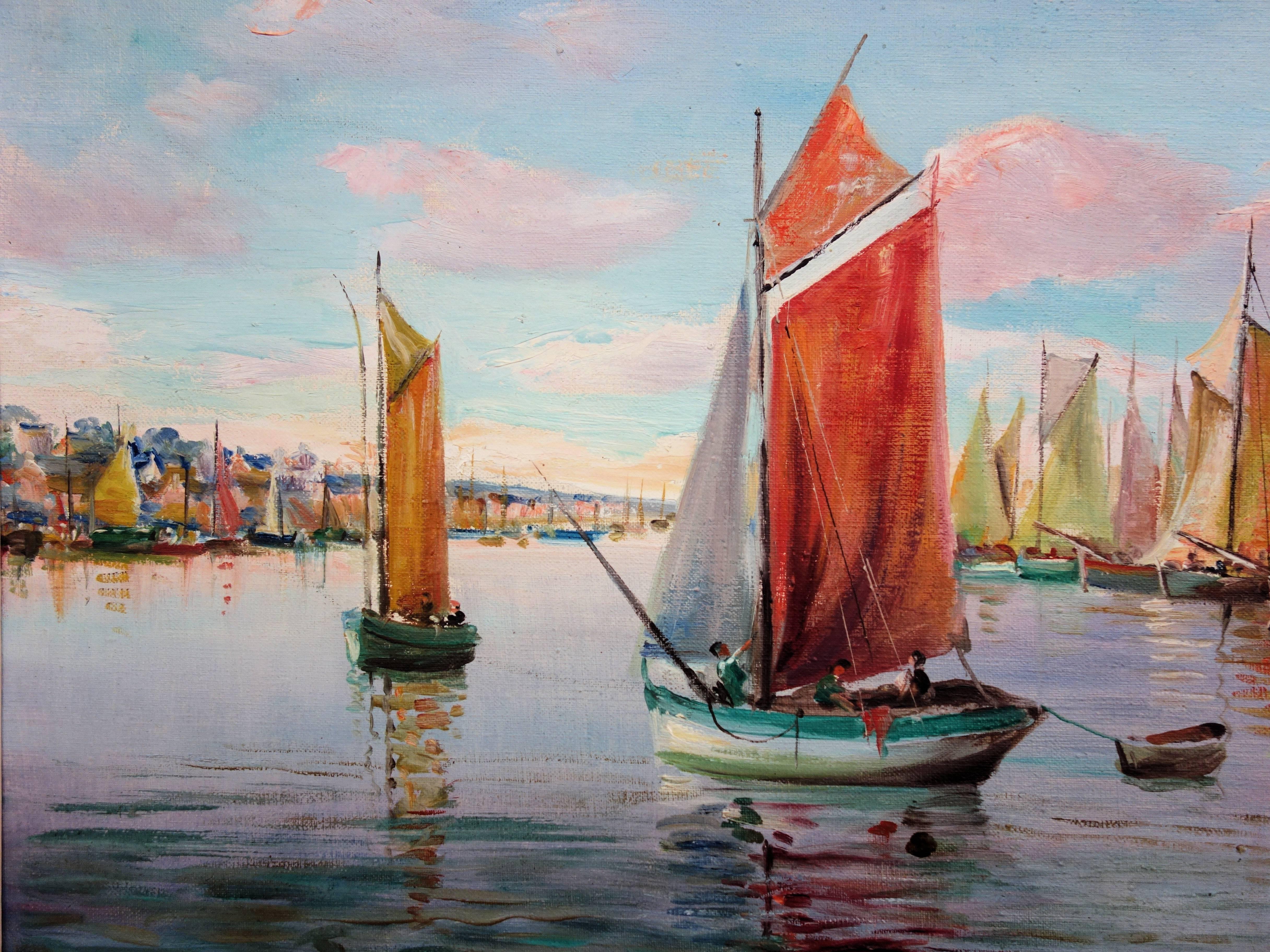 Harbour in the Early Morning - Signed oil on canvas - Framed - Modern Painting by Adrien Simoneton