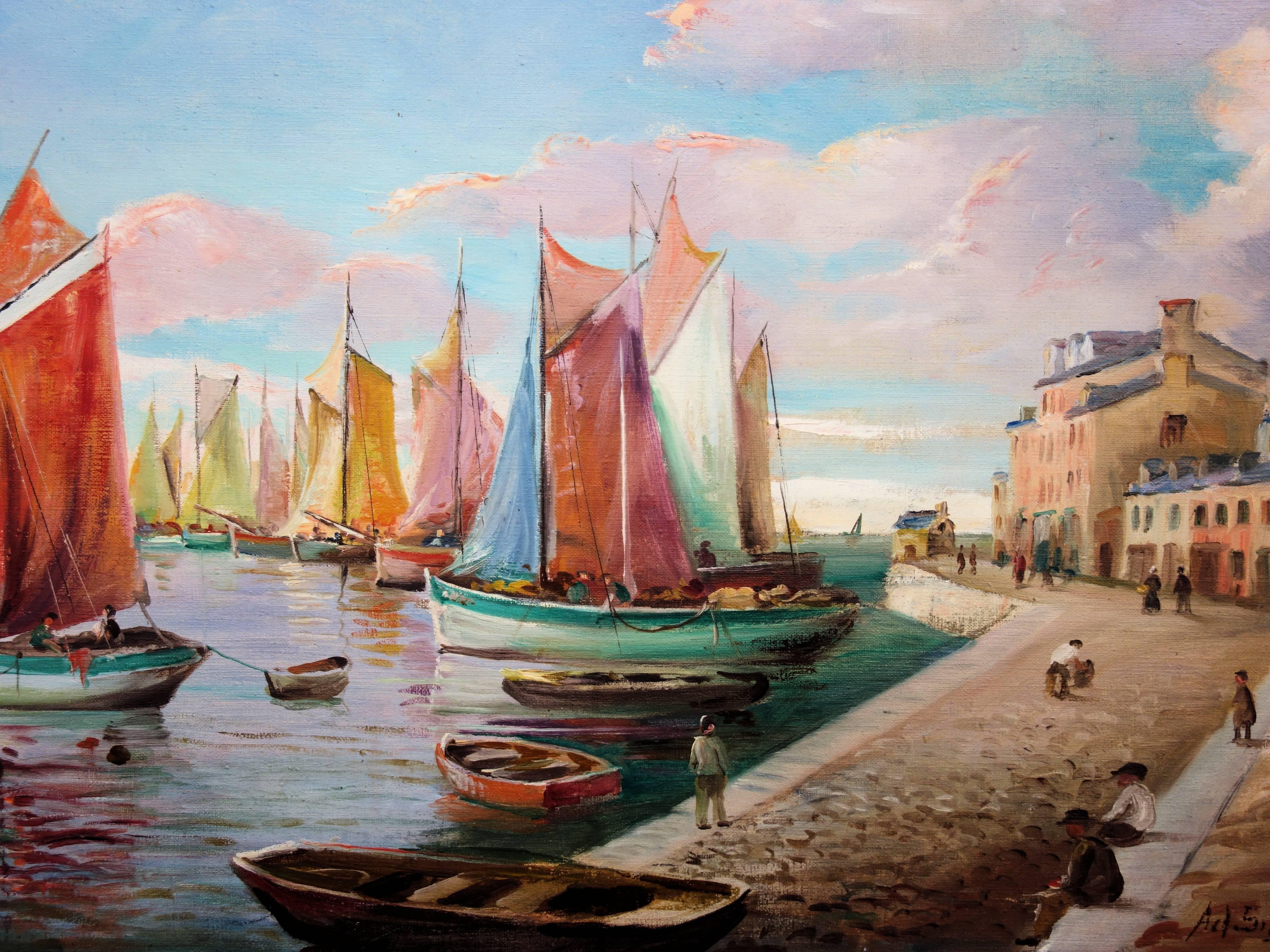 Harbour in the Early Morning - Signed oil on canvas - Framed - Brown Landscape Painting by Adrien Simoneton