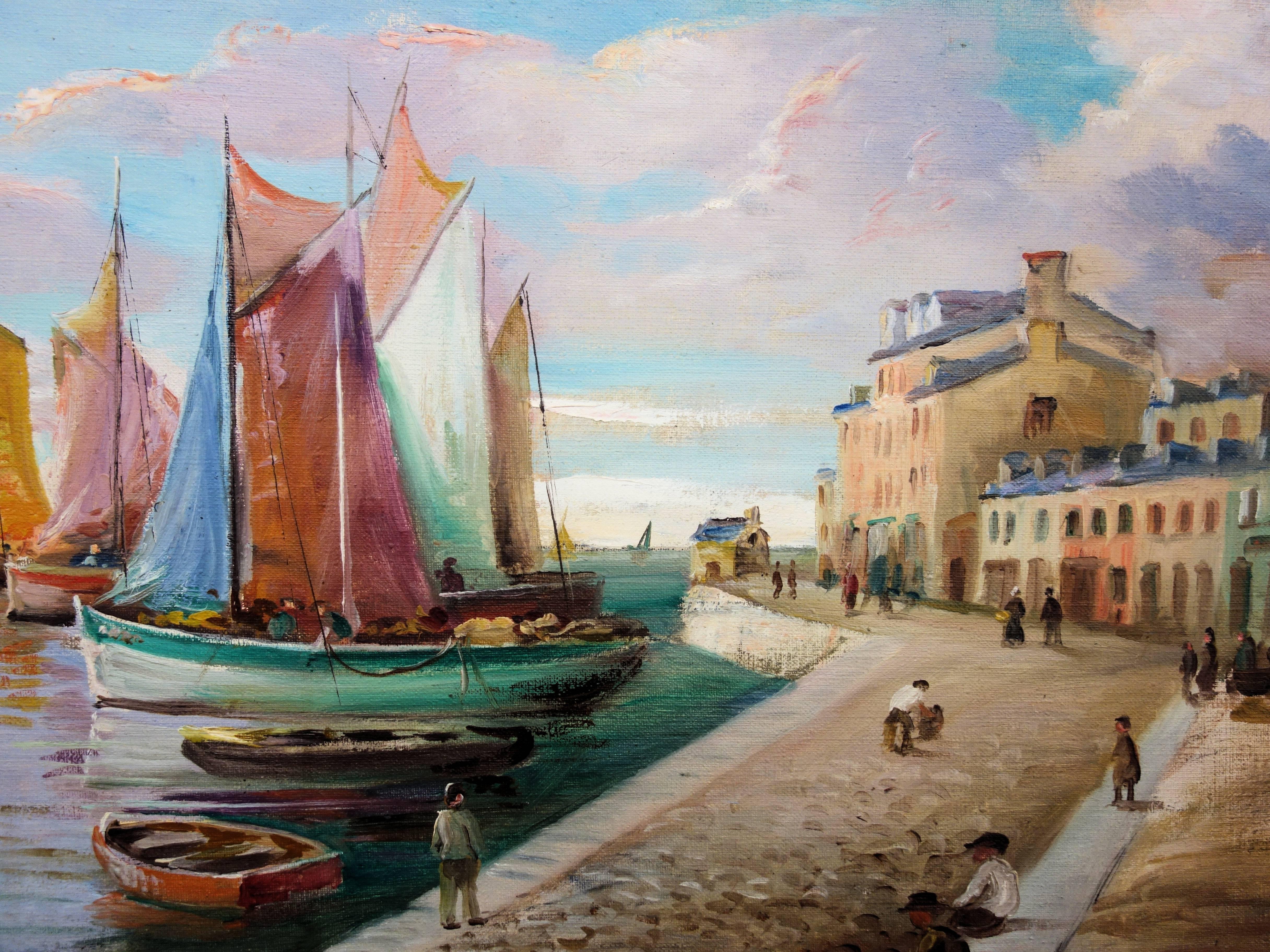 Adrien SIMONETON (1862-1949)
Harbour in the Early Morning (c. 1920)

Oil on canvas
Signed bottom right
46 x 92 cm at view (c. 18 x 37 in)
Golden frame (signed Bouche) xxxxxxxx

Very good condition, light surface defects - Small lost and uses to the