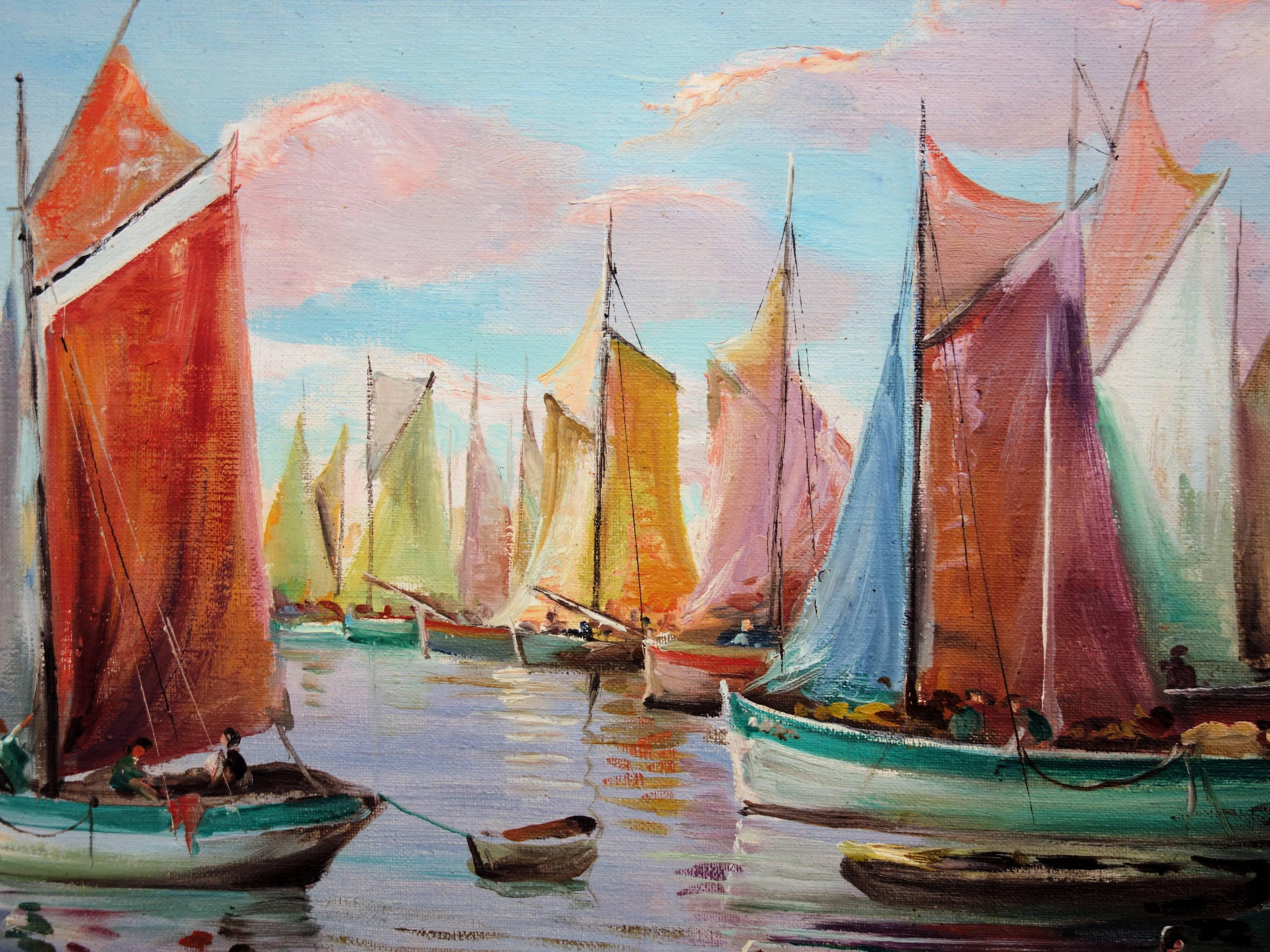 Harbour in the Early Morning - Signed oil on canvas - Framed 1