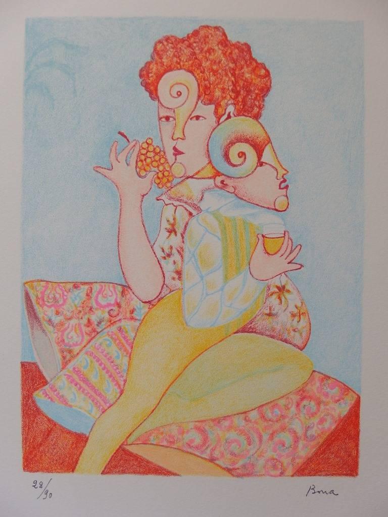 Eat Grapefruits, Drink Wine - Original handsignierte Lithographie - 90 Exemplare (Grau), Figurative Print, von Bona de MANDIARGUES