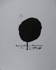 Tree and Saucers - Original signed woodcut - 1972