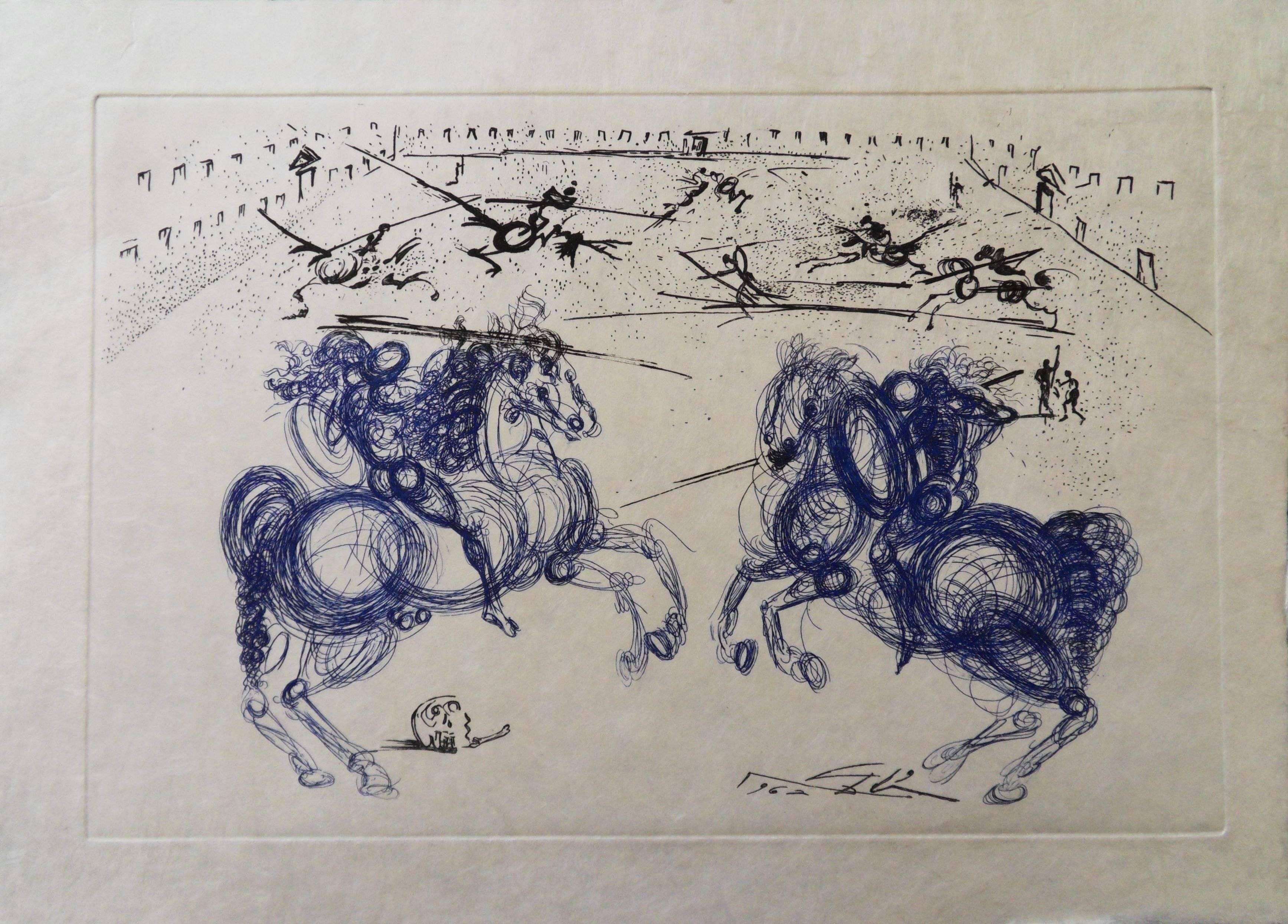 Salvador Dalí Figurative Print - Blue Cavaliers - Original signed etching - 1965
