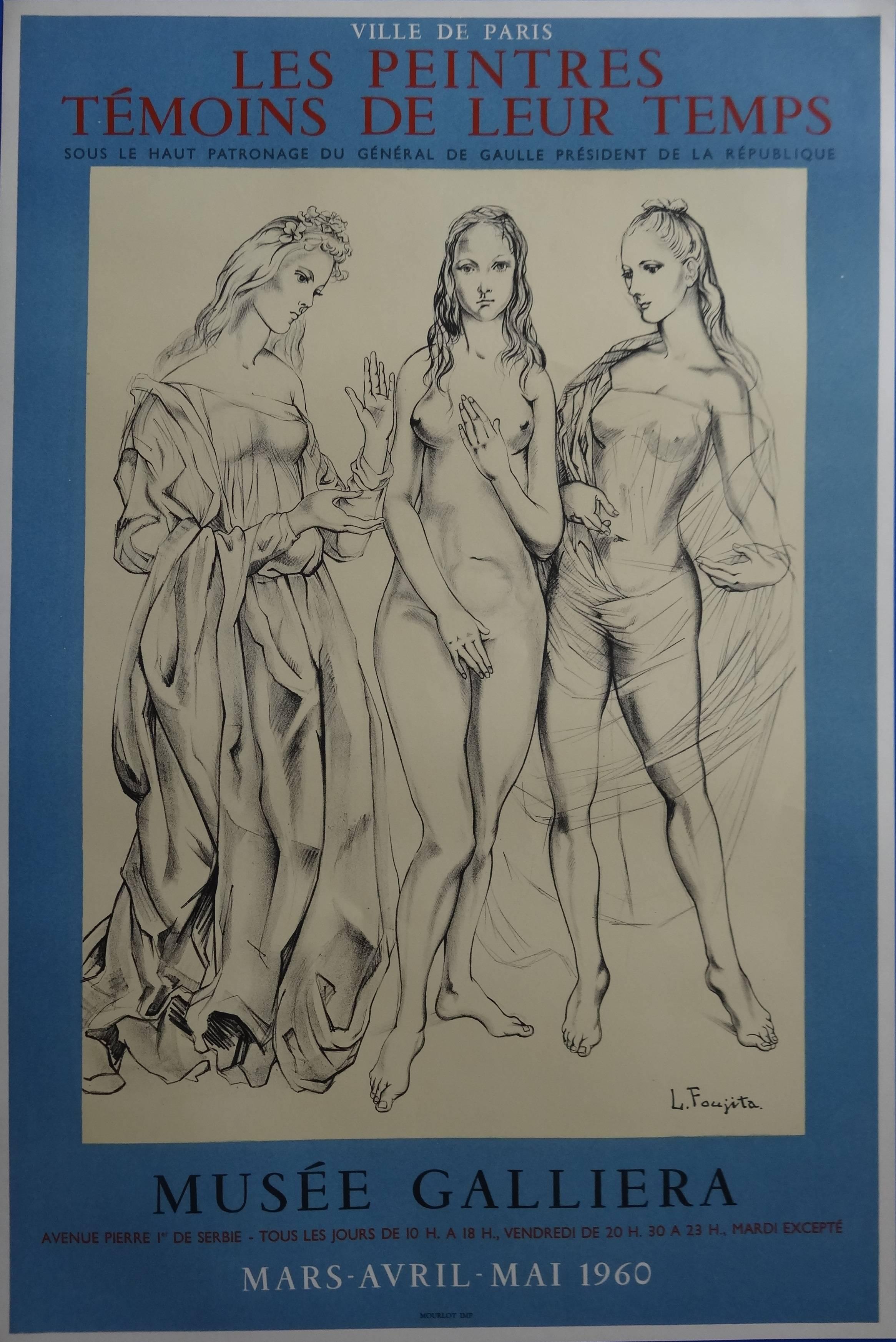 Léonard Tsugouharu Foujita Nude Print - Three Graces - Original lithograph poster - Plate signed - 1960