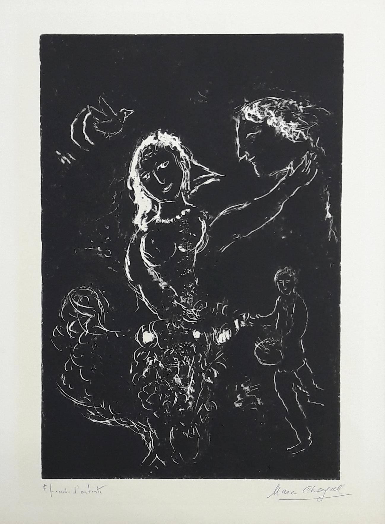 Marc Chagall Figurative Print - White On Black - Original Lithograph Handsigned - 1972