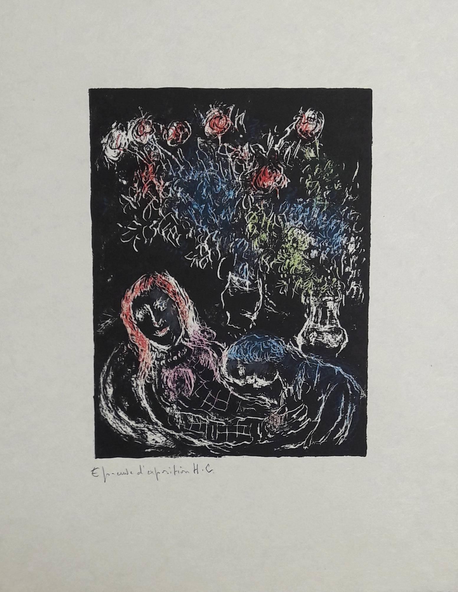 Marc Chagall Figurative Print - Couple Against Black Background - Original lithograph 
