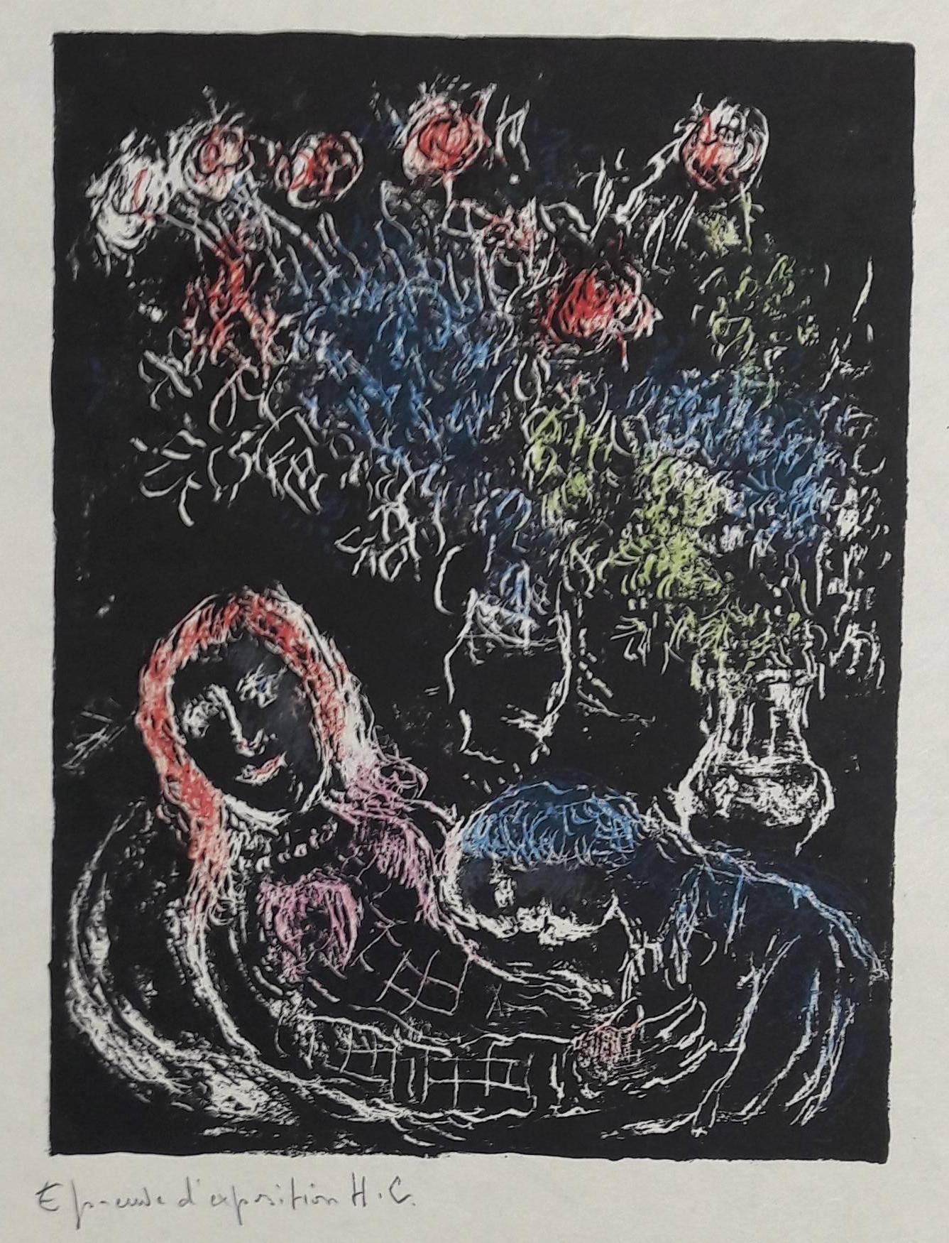 Couple Against Black Background - Original lithograph  - Print by Marc Chagall
