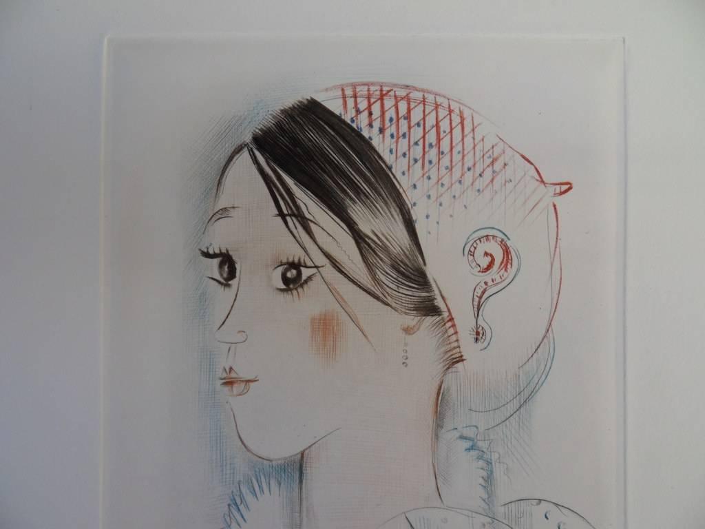 Young girl with ? - Original etching, handsigned - Print by Mily Possoz