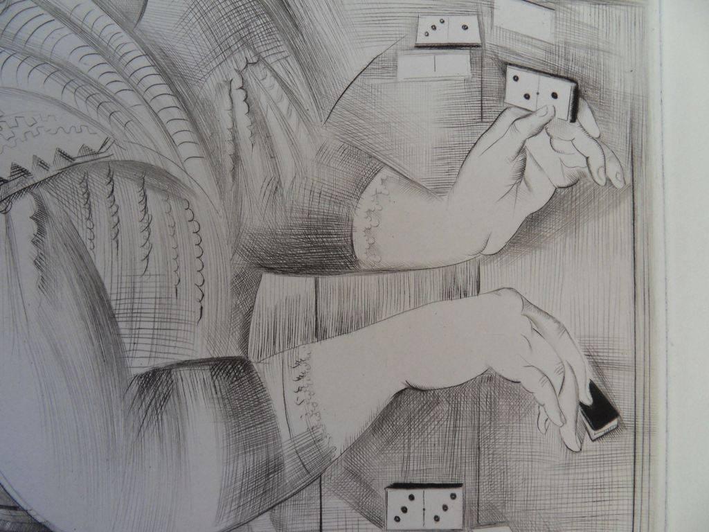 Dominoes - Original etching, handsigned - Gray Figurative Print by Mily Possoz