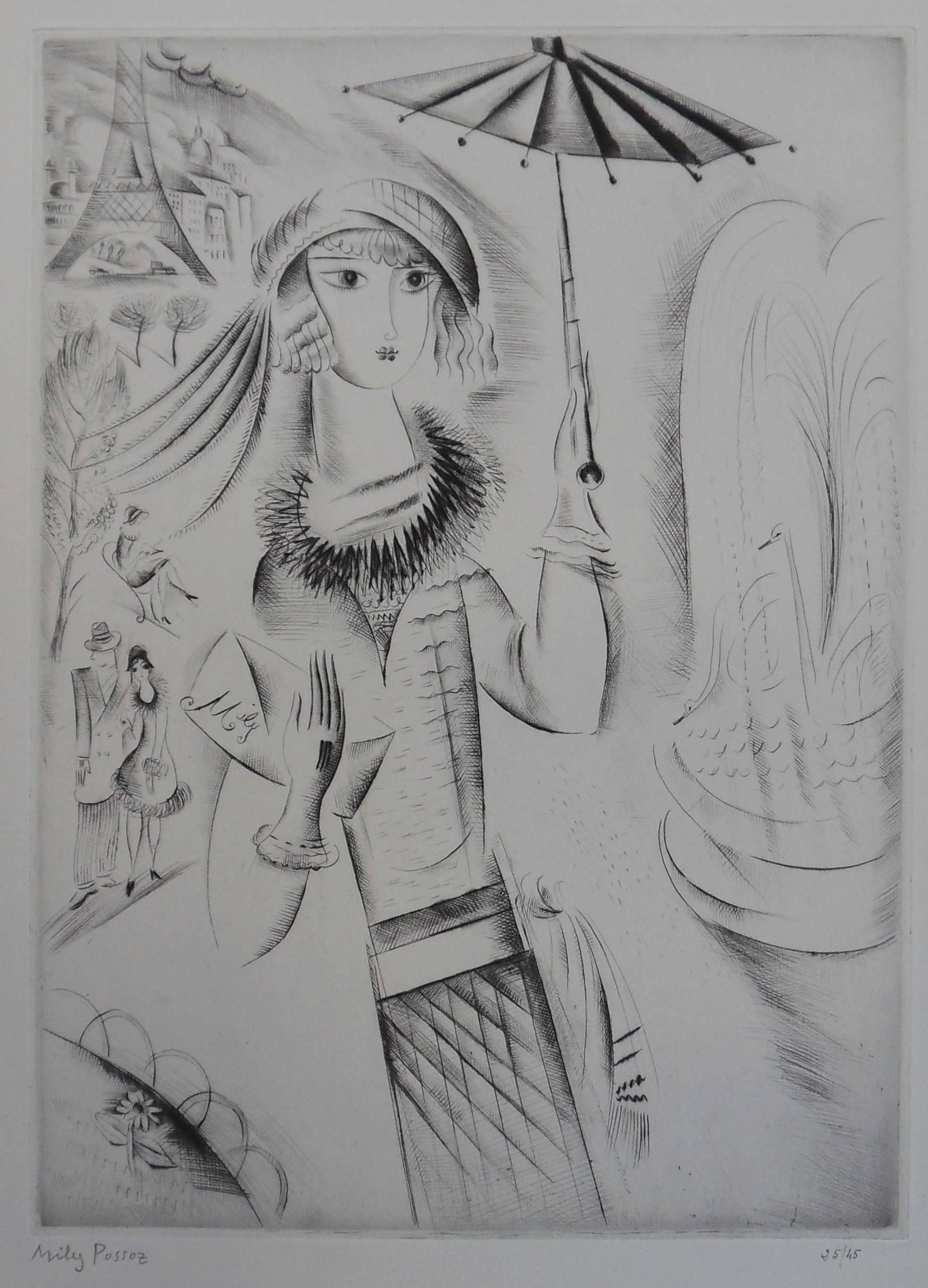Girl with an umbrella - Etching, Handsigned - Print by Mily Possoz