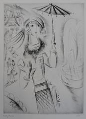 Girl with an umbrella - Etching, Handsigned