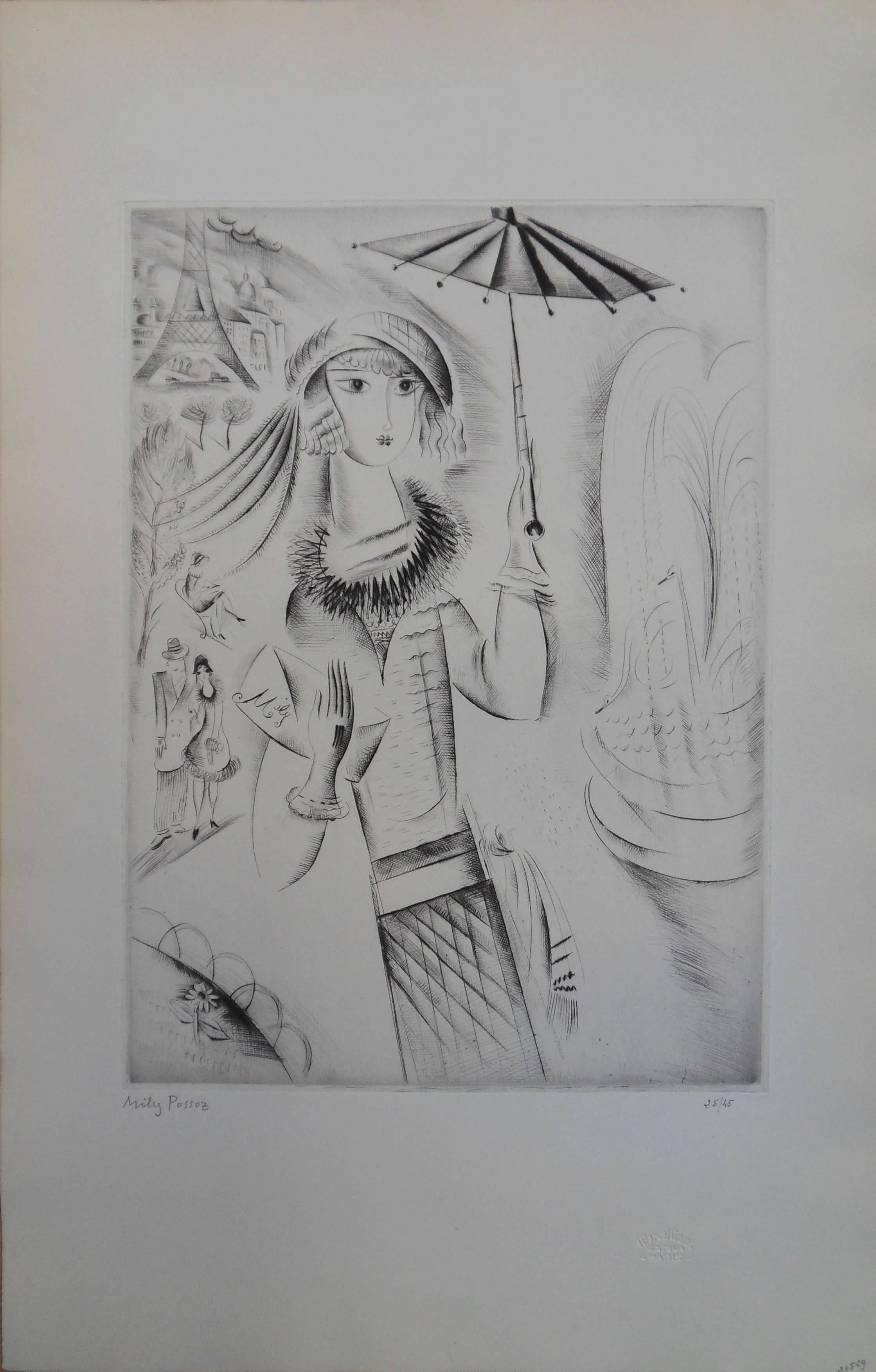 Mily Possoz Figurative Print - Girl with an umbrella - Etching, Handsigned