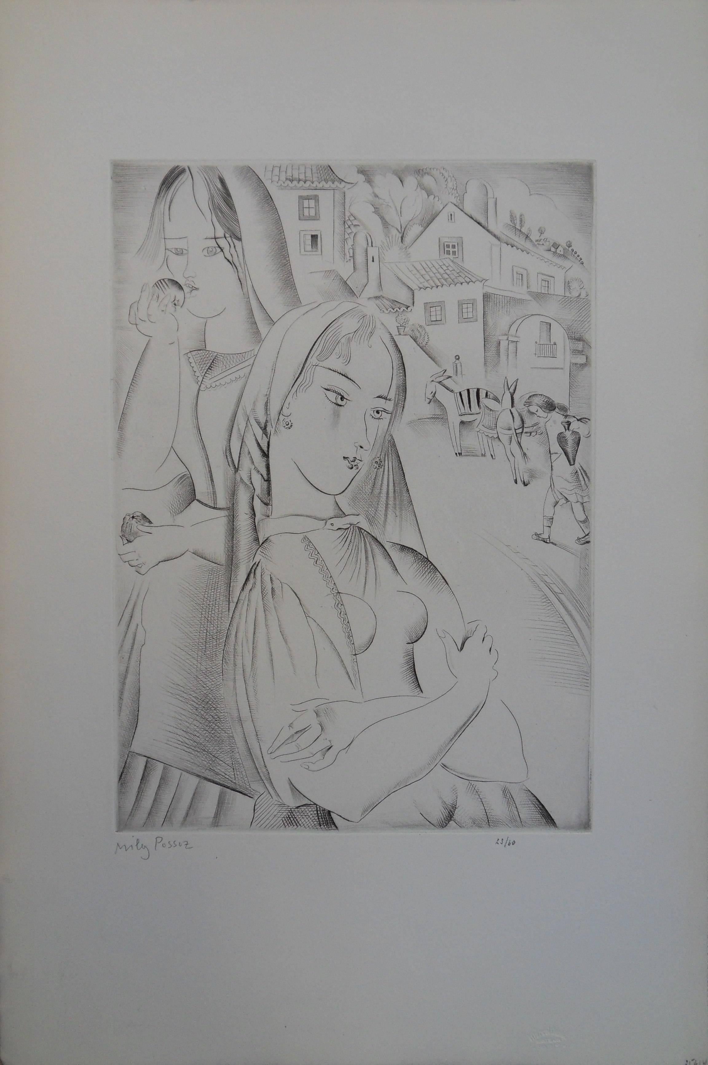 Mily Possoz Figurative Print - Entry of the village - Etching, Handsigned