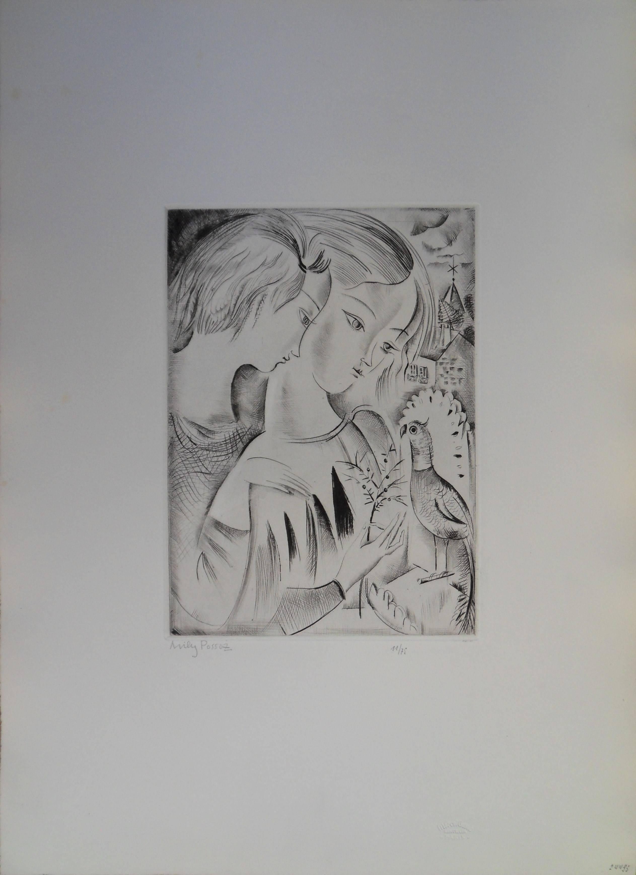 Mily Possoz Figurative Print - Girls with a parrot - Etching, Handsigned