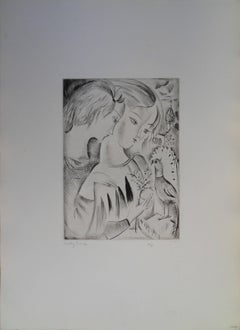 Antique Girls with a parrot - Etching, Handsigned