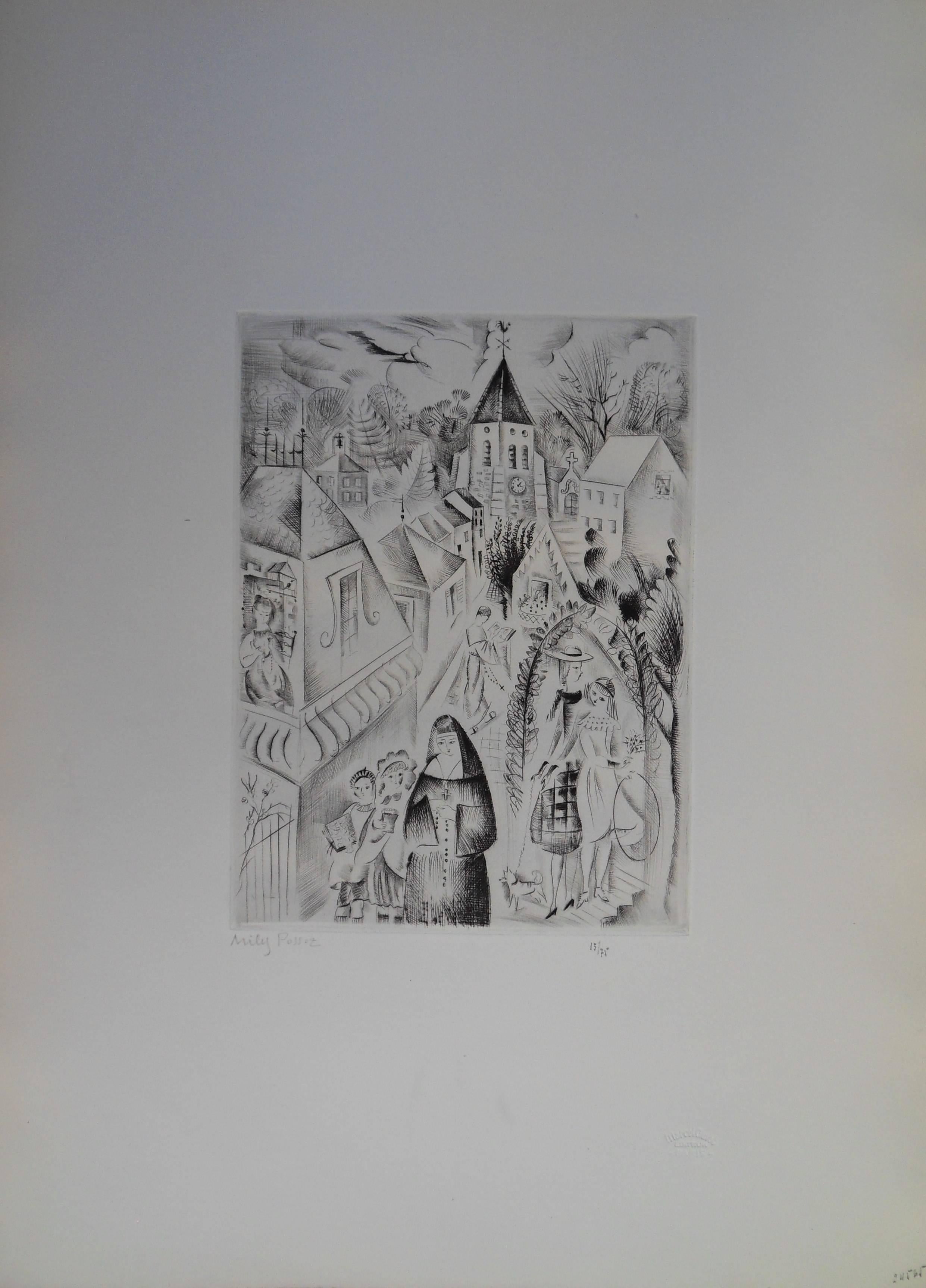 Mily Possoz Figurative Print - The church of Fontenay -Etching, Handsigned