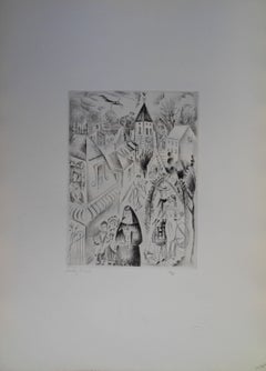 Antique The church of Fontenay -Etching, Handsigned