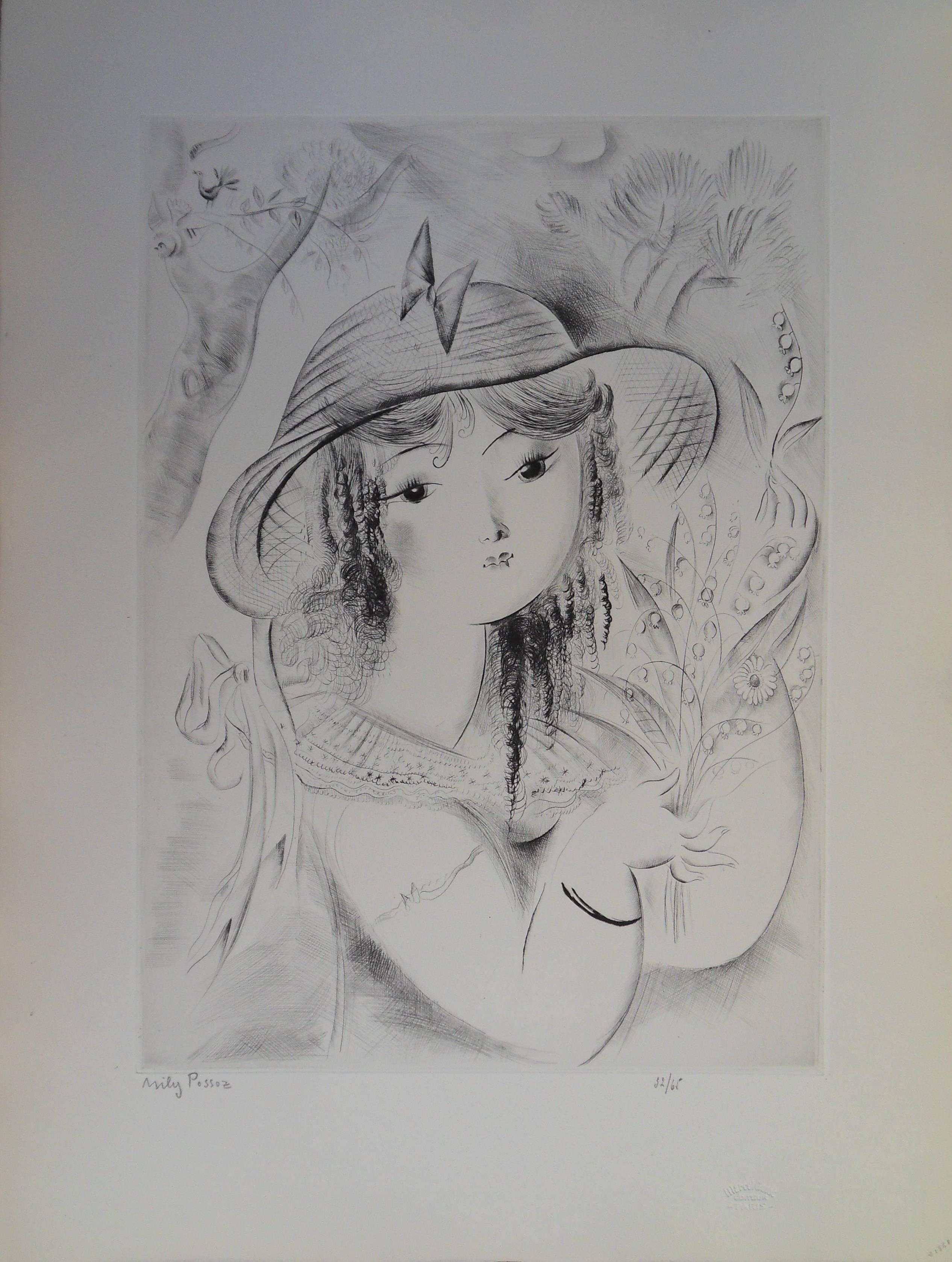 Mily Possoz Portrait Print - Young Girl with Black Eyes - Original Etching, Handsigned