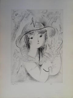 Antique Young Girl with Black Eyes - Original Etching, Handsigned