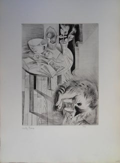 Cat & book - Etching, Handsigned