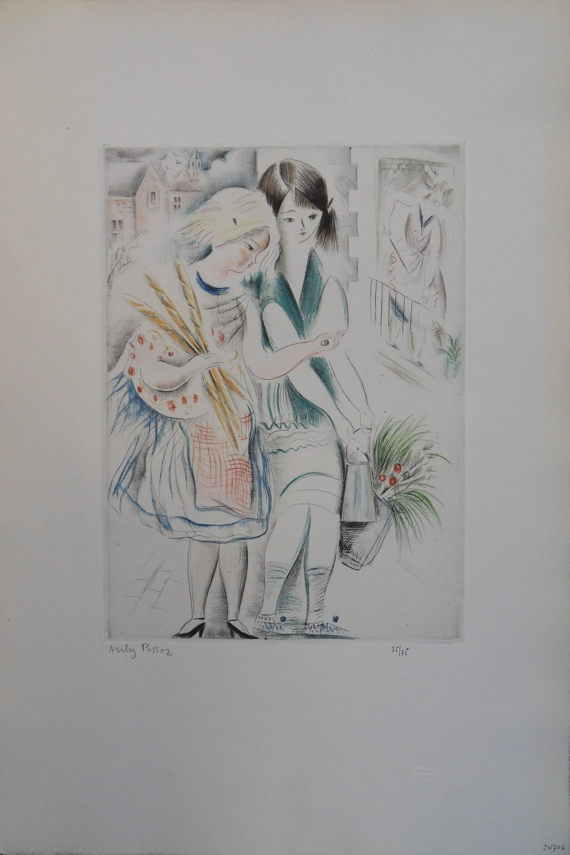 Mily Possoz Figurative Print - Back from the bakery - Etching and aquatint, Handsigned