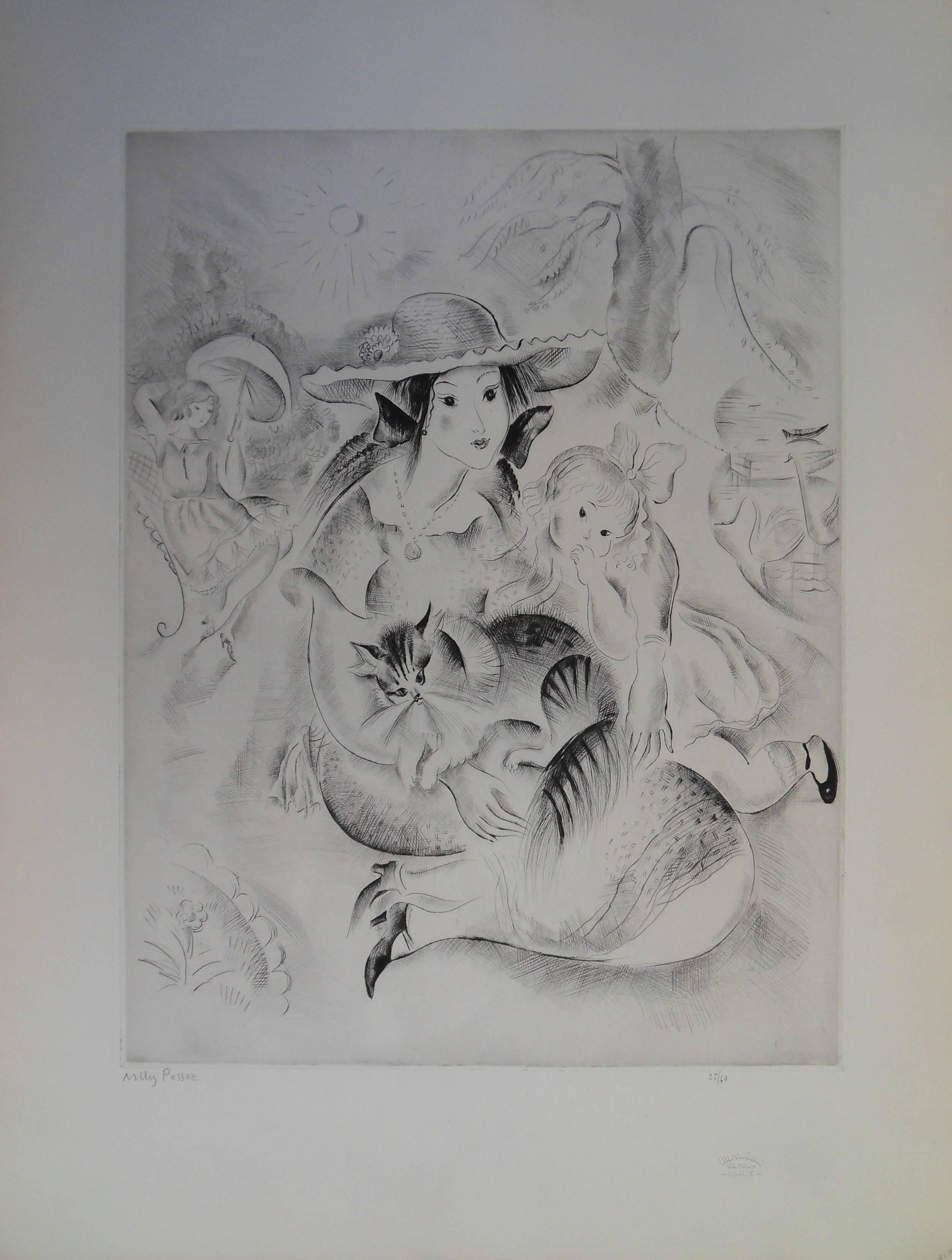 Figurative Print de Mily Possoz - Familia con gato - Aguafuerte, Firmado a mano