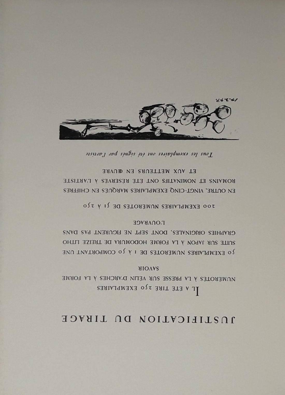 Pablo PICASSO
Dans l'atelier de Picasso

Publisher : Fernand Mourlot, Paris 
Year : 1957
Text in French.
- 17,3 x 12,9 in. In leaves under illustrated cover (with 2 original lithographs) and grey clamshell case. 
- In total 6 original lithographs :