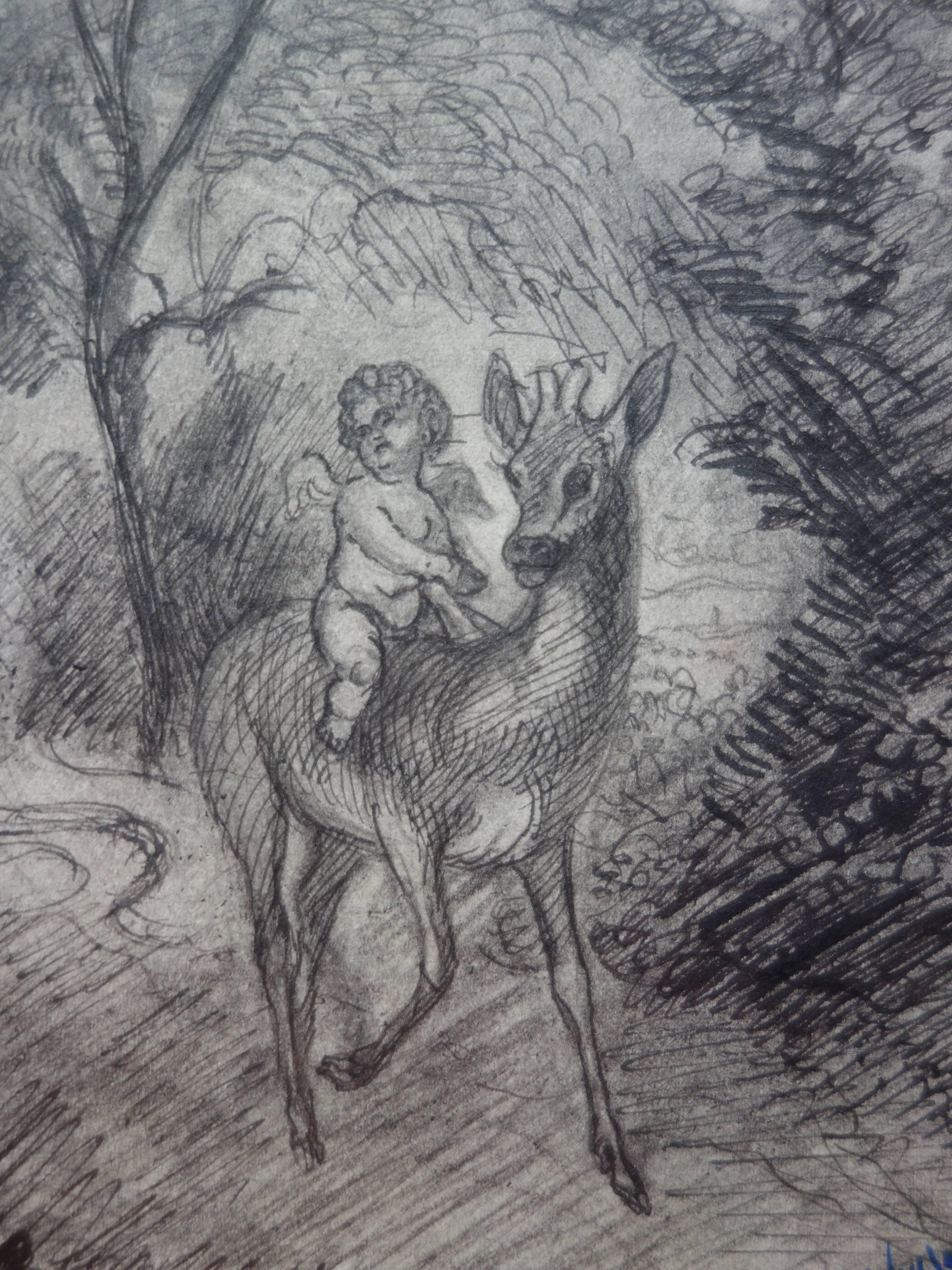 Angel Riding a Deer - Original pencil and ink drawing - Signed - Art by Demetrios Galanis