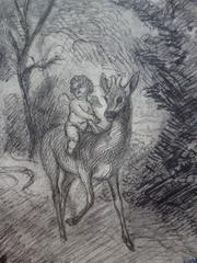 Angel Riding a Deer - Original pencil and ink drawing - Signed