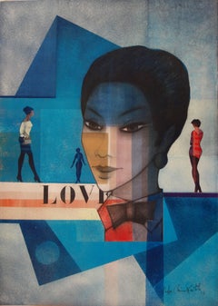 Vintage LOVE (Woman in Blue) - Original signed watercolor - 1993