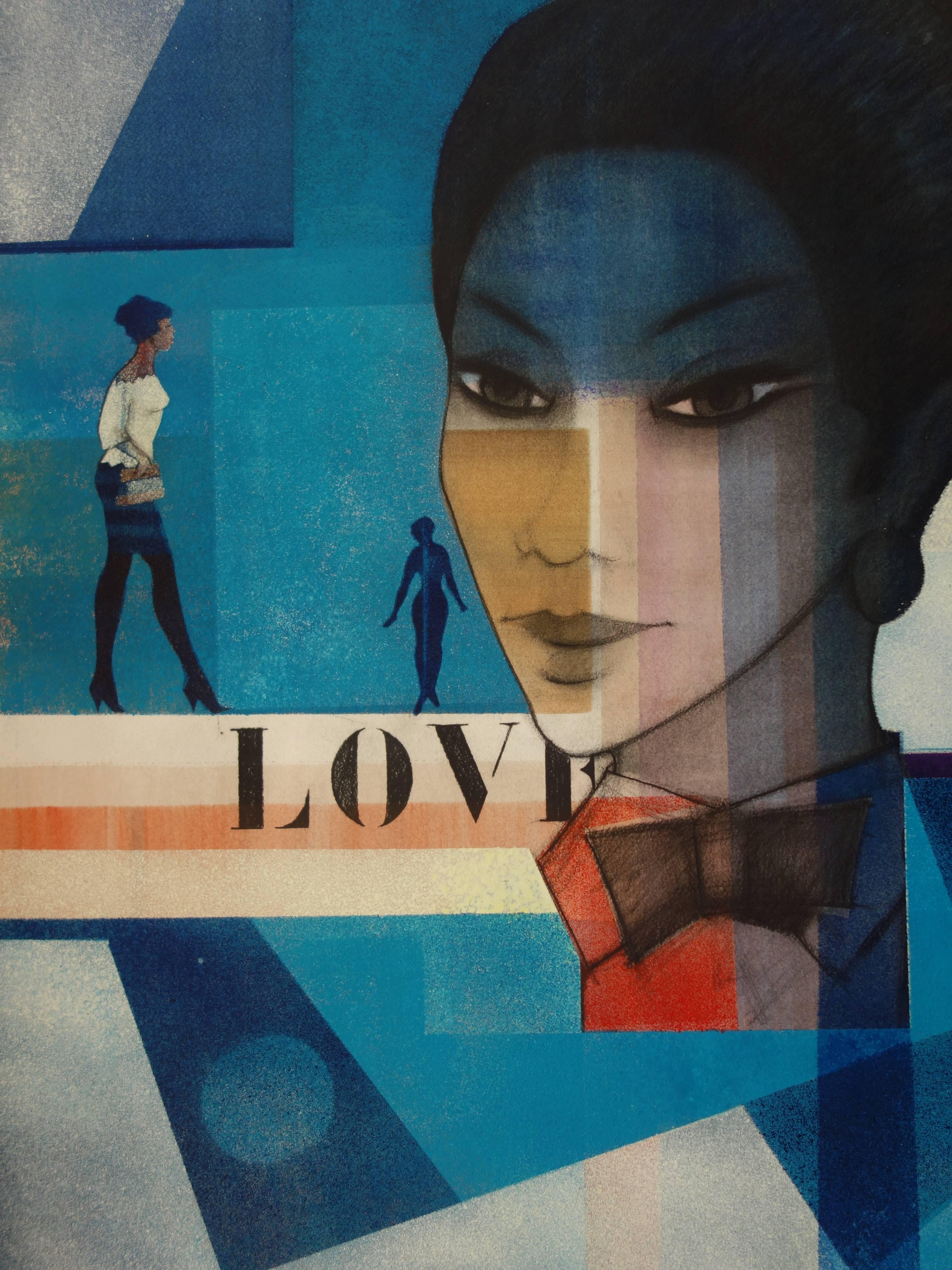 LOVE (Frau in Blau) - Original signiertes Aquarell - 1993 (Realismus), Art, von Sacha Chimkevitch